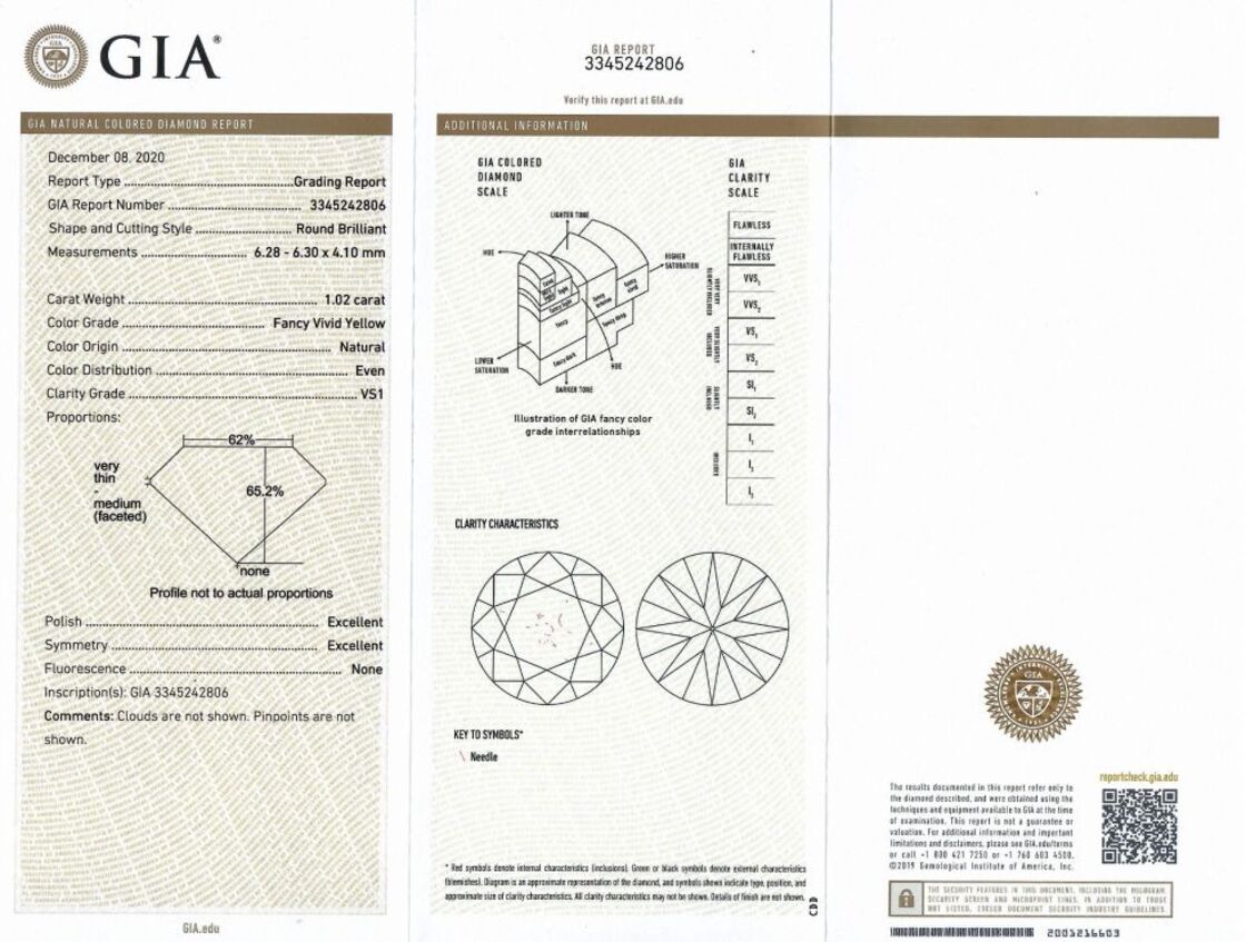 GIA Natural Fancy Vivid Yellow Diamond round brilliant vs1 1,02 ct