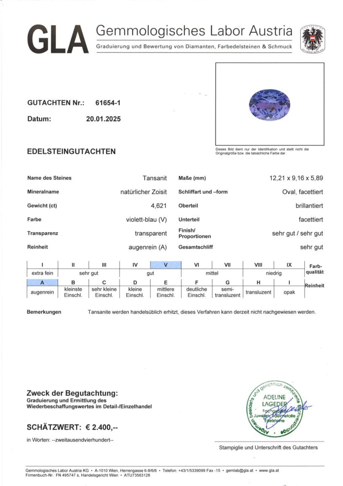 Tansanit Ovalschliff blau 4,621 ct