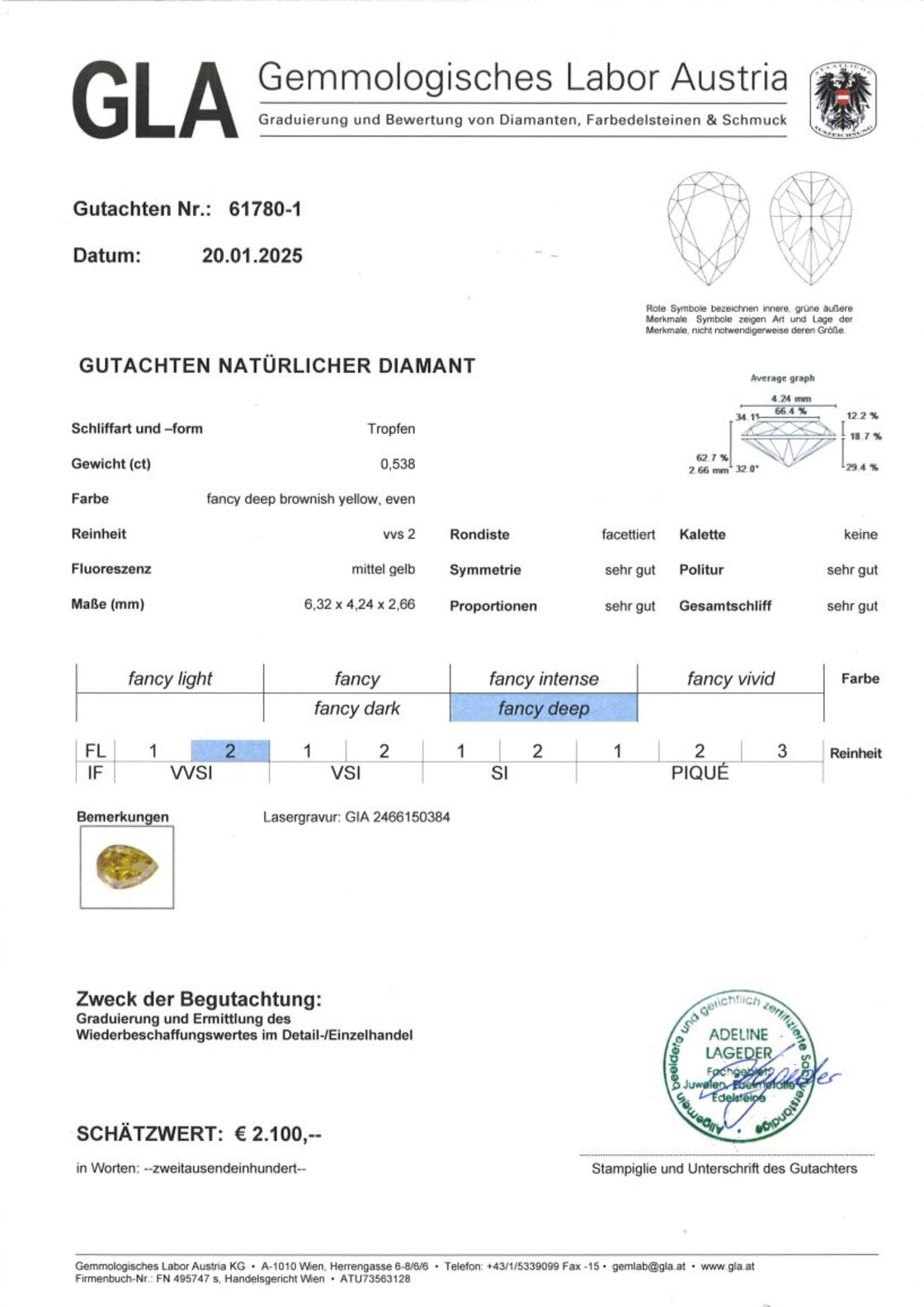 Gutachten zu Farbdiamant Tropfen fancy deep brownish yellow 0,53 ct