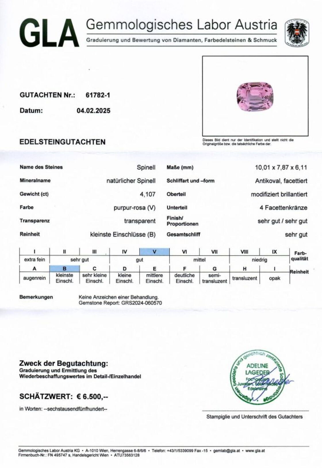 Gutachten zu Spinell antik purpur-rosa 4,10 ct.