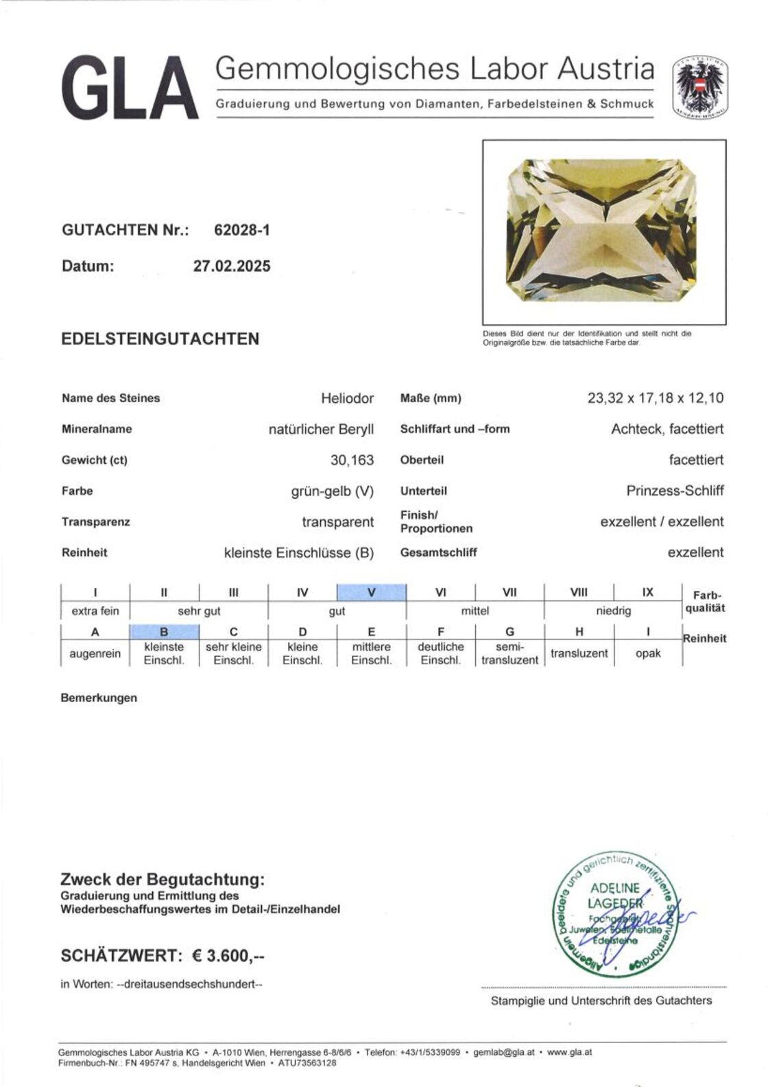 Gutachten zu Heliodor octagon-princess greenish yellow 30.16 ct.