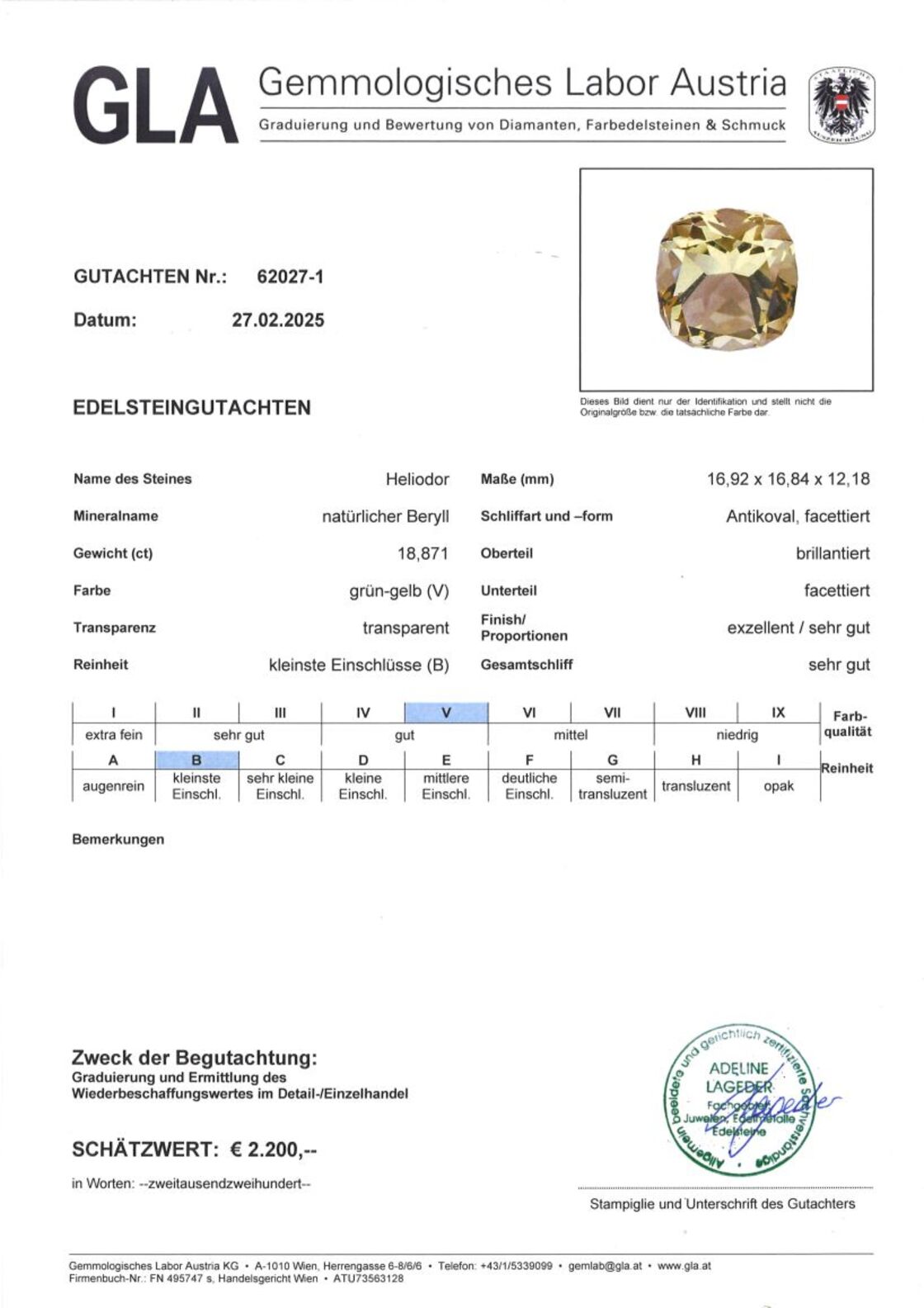 Gutachten zu Heliodor antik grünlich gelb 18,87 ct.