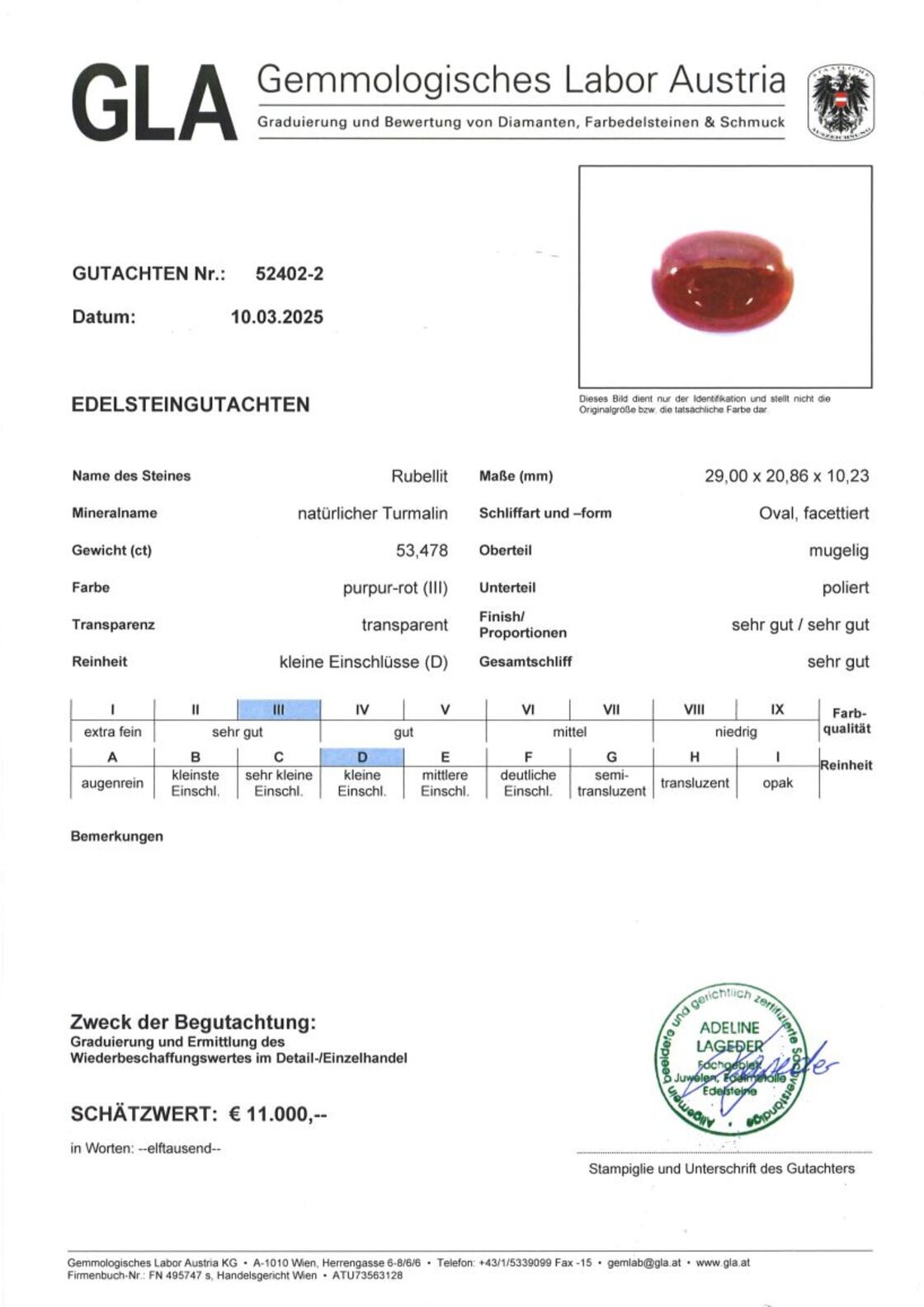 Gutachten zu Rubellit Turmalin Cabochon oval purpurrot 53,47 ct