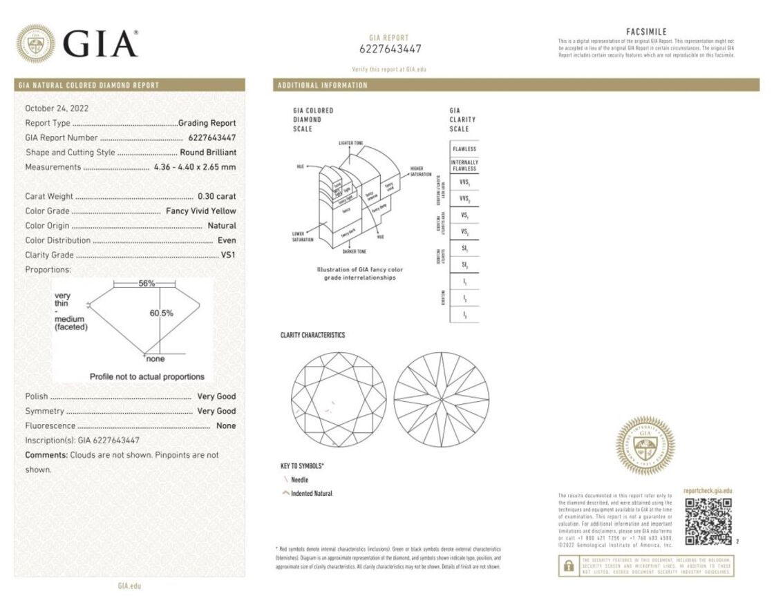 Gutachten zu Farbdiamant Brillant sehr intensives Gelb vs1 0,30 ct