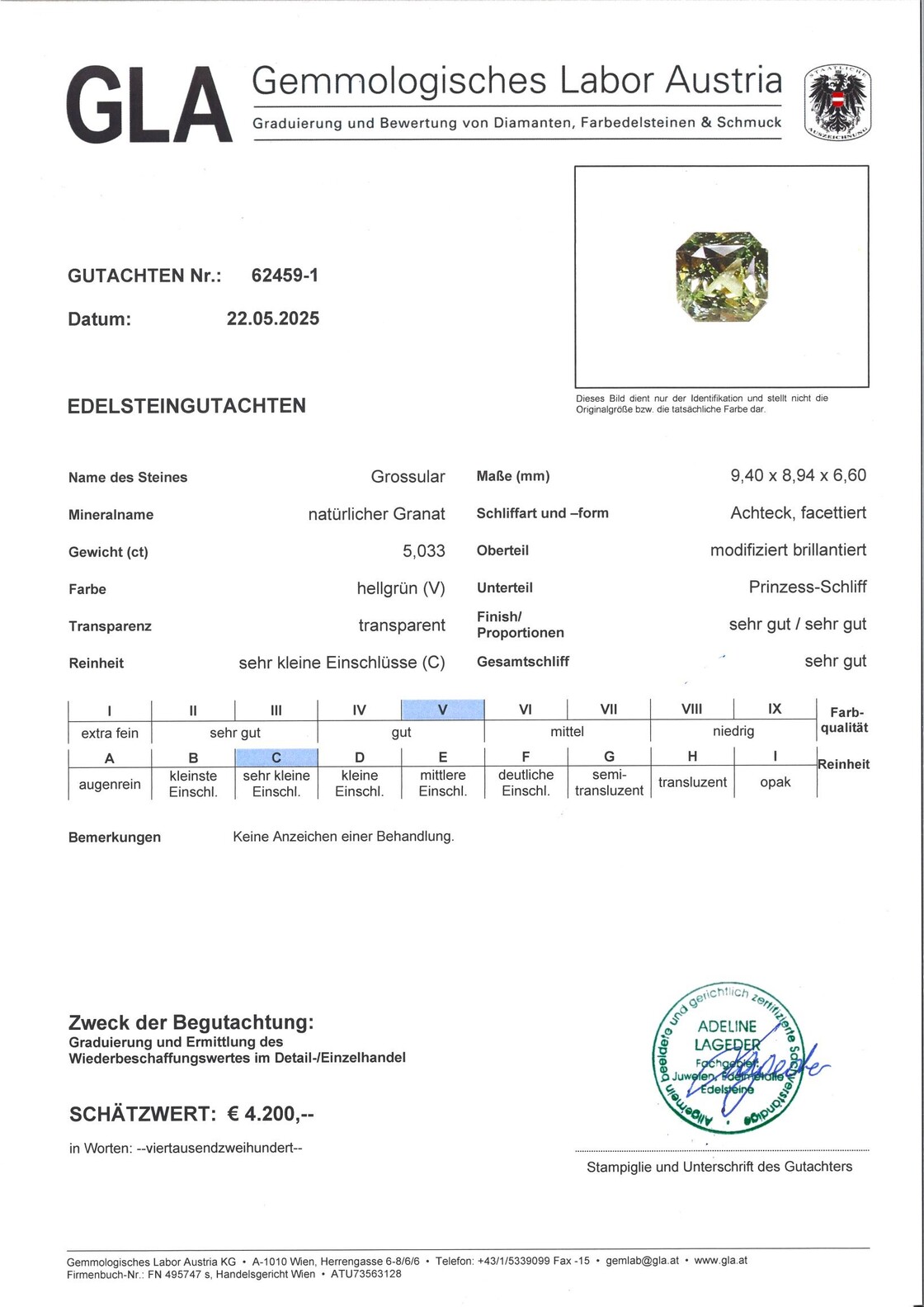 Gutachten zu Granat Grossular octagon hellgrün 5,03 ct.