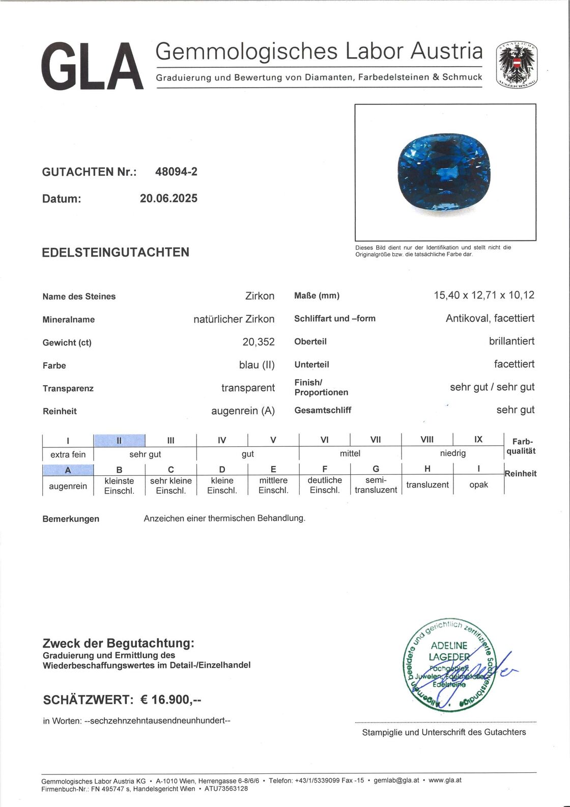 Gutachten zu Zirkon antikoval intensives Blau 20,35 ct.