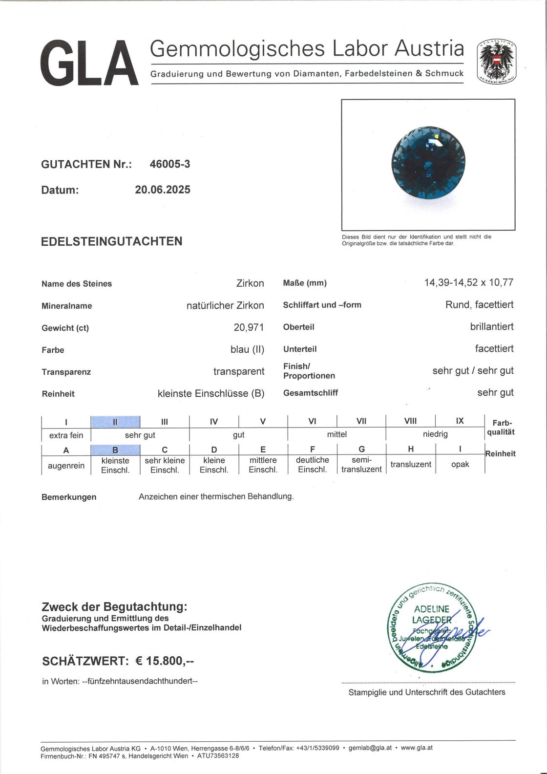 Gutachten zu Zircon round intensives-Blau