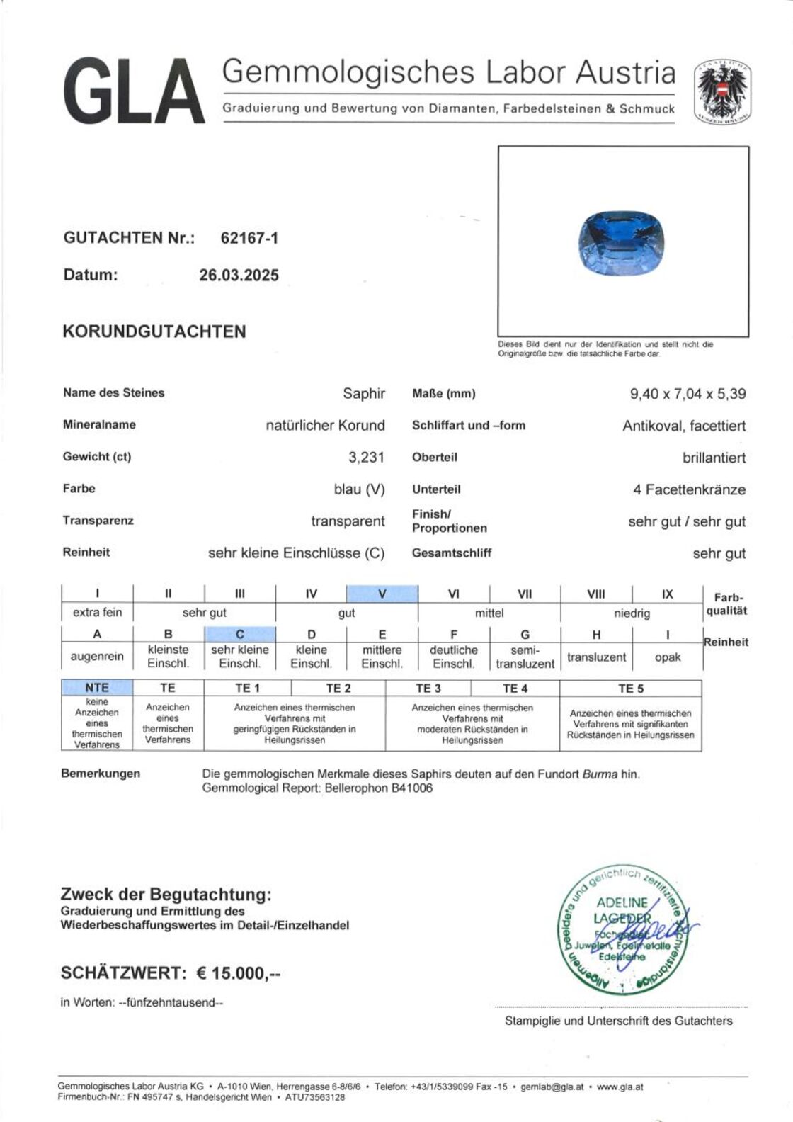 Gutachten zu Burma Sapphire cushion blue untreated 3.23 ct.