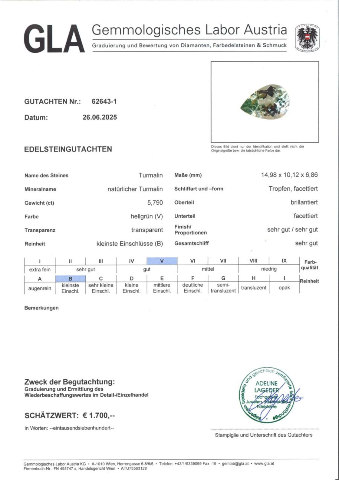 Gutachten zu Tourmaline pear light green 5.79 ct