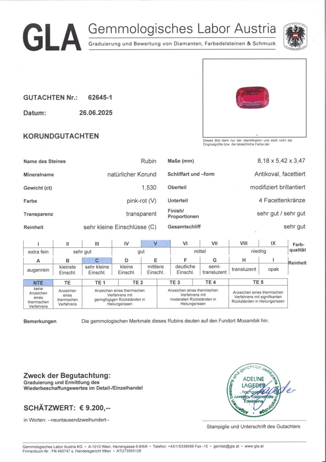 Gutachten zu Ruby cushion pinkish red unheated 1.53 ct.