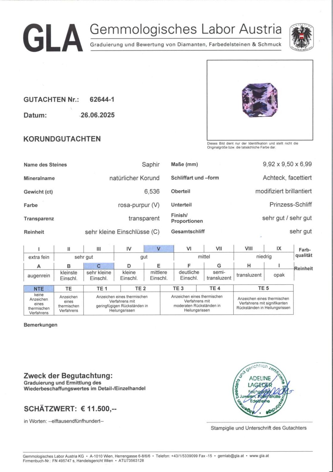 Gutachten zu Saphir octagon-princess lila ungebrannt 6,53 ct.