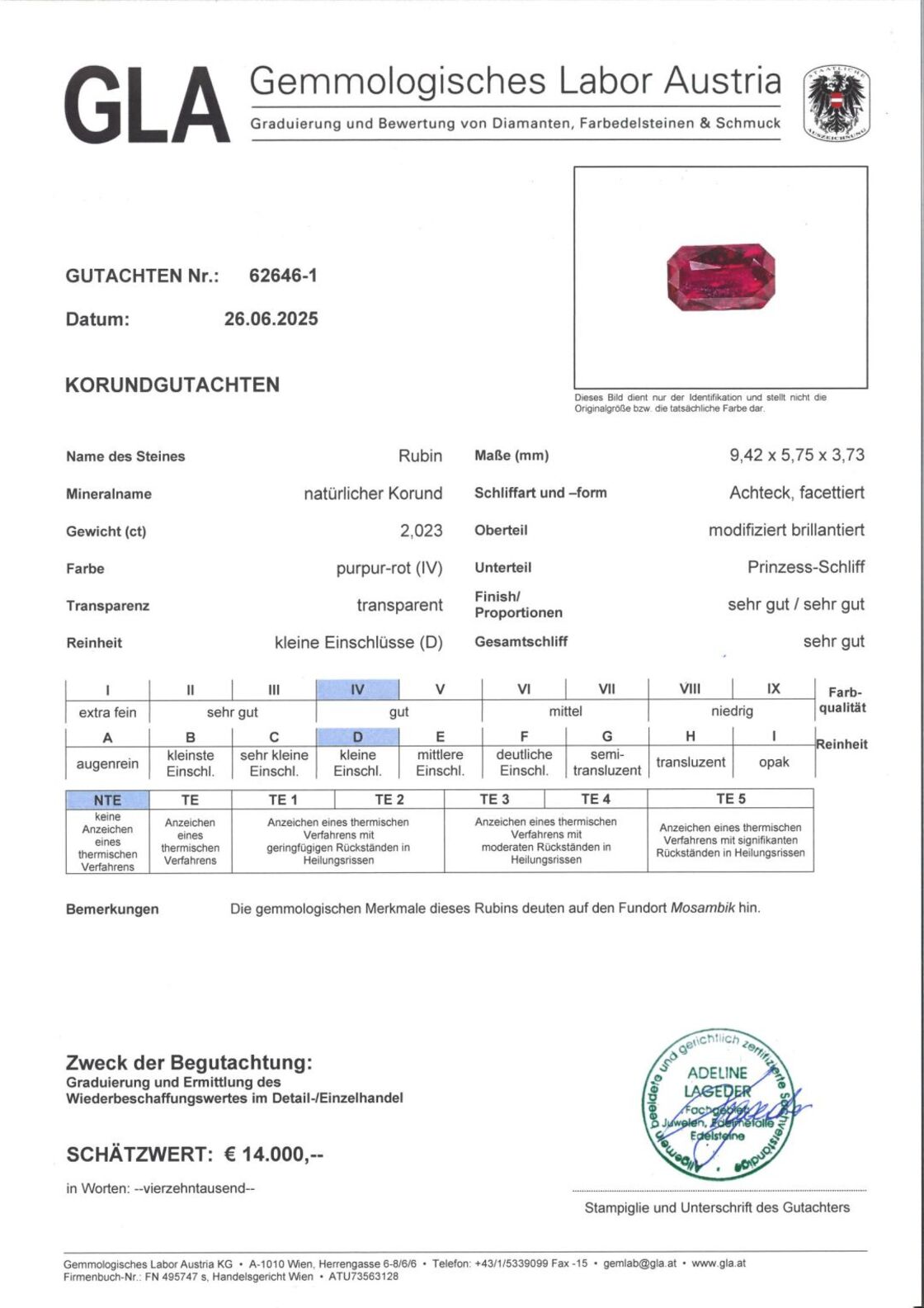 Gutachten zu Rubin octagon purpur-rot ungebrannt 2,02 ct.