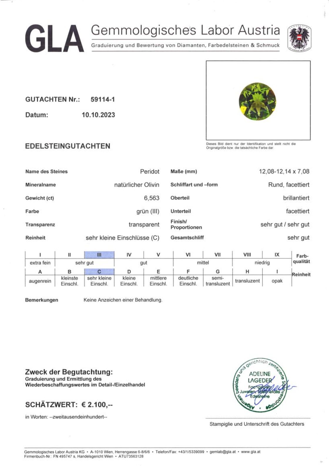 Gutachten zu Peridot round green untreated 6.56 ct.