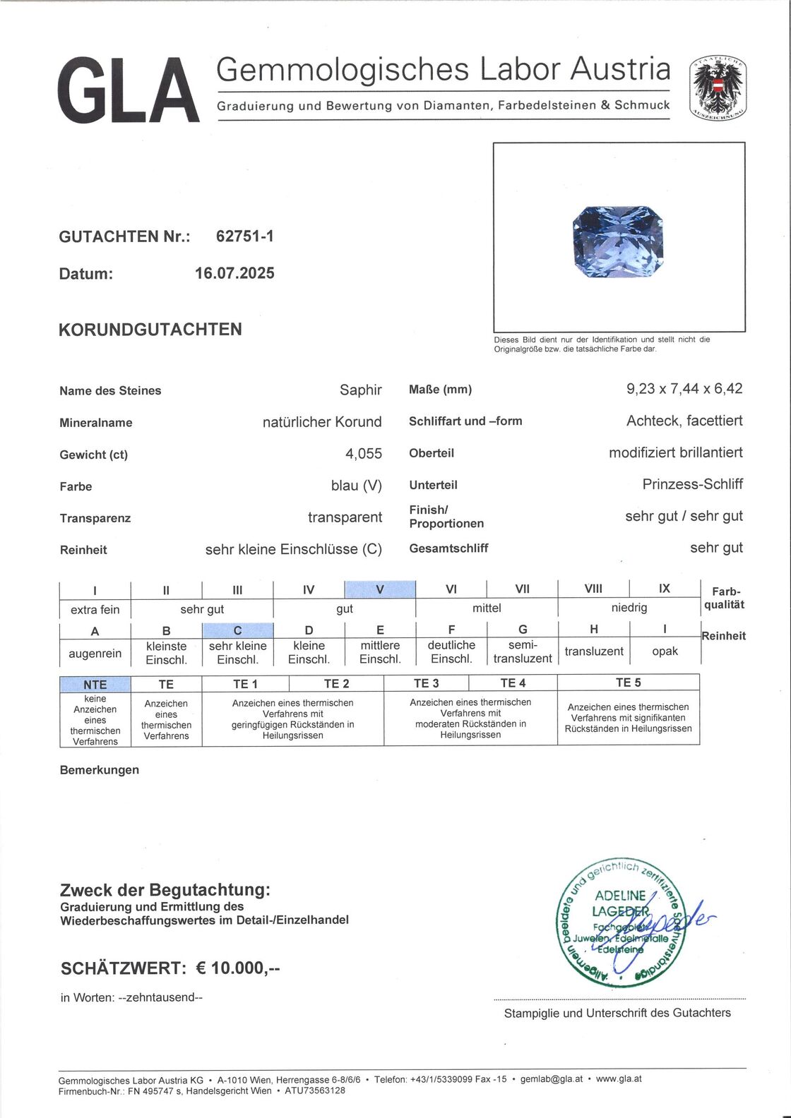 Gutachten zu Saphir octagon-princess blau ungebrannt 4,05 ct.