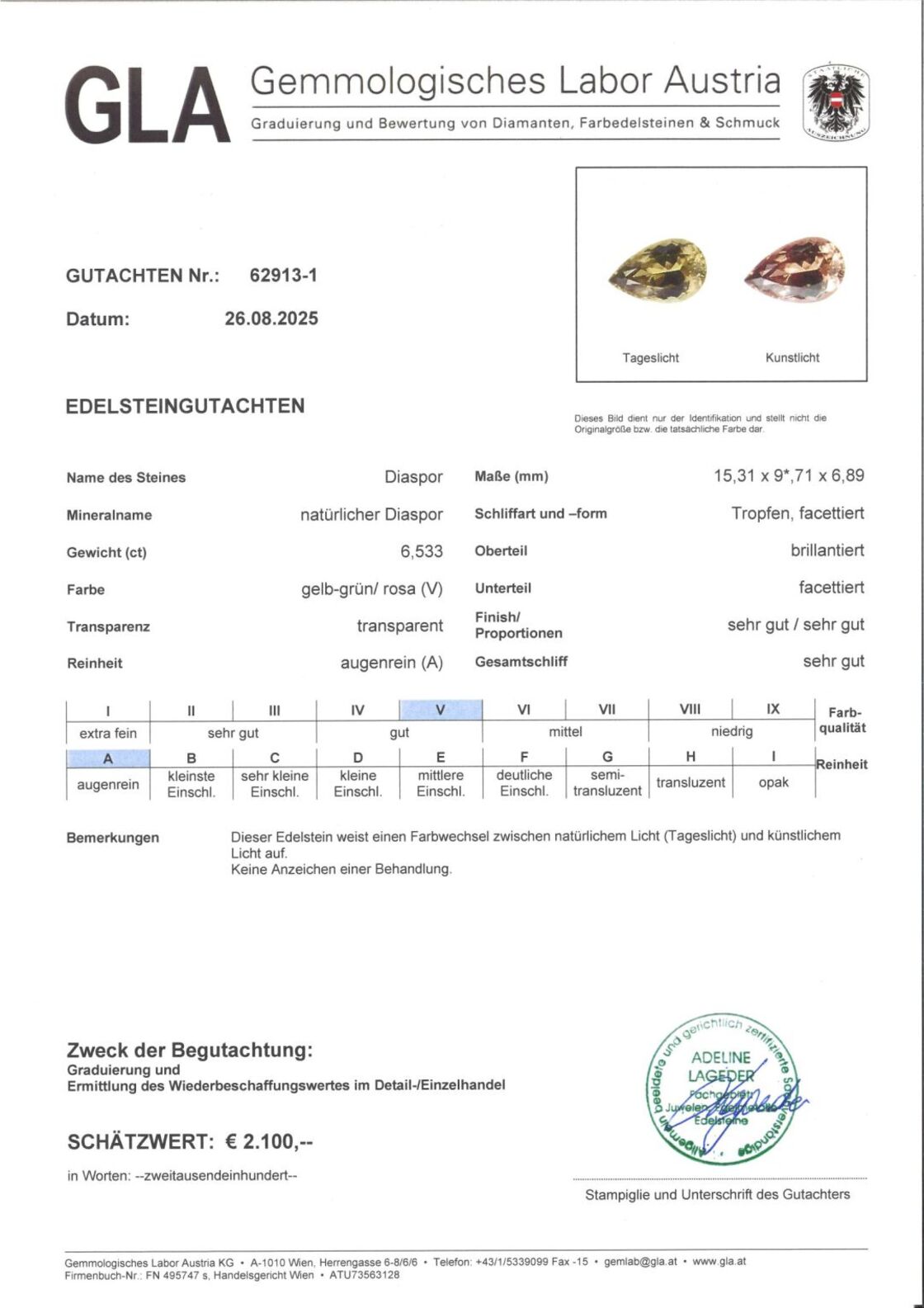 Gutachten zu Diaspore Sultanit pear yellow green 6.53 ct