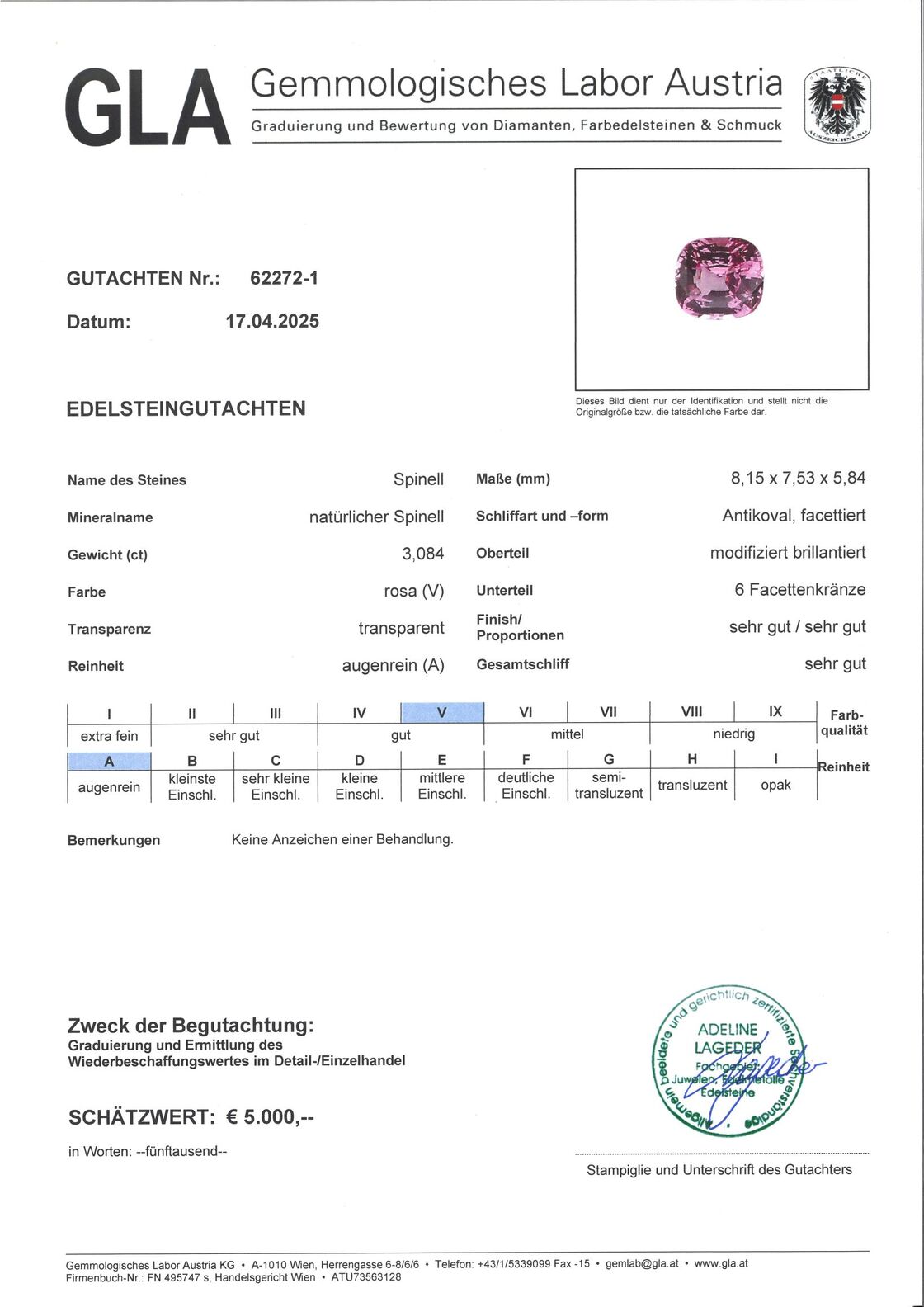Gutachten zu Spinel cushion pink 3.08 ct.