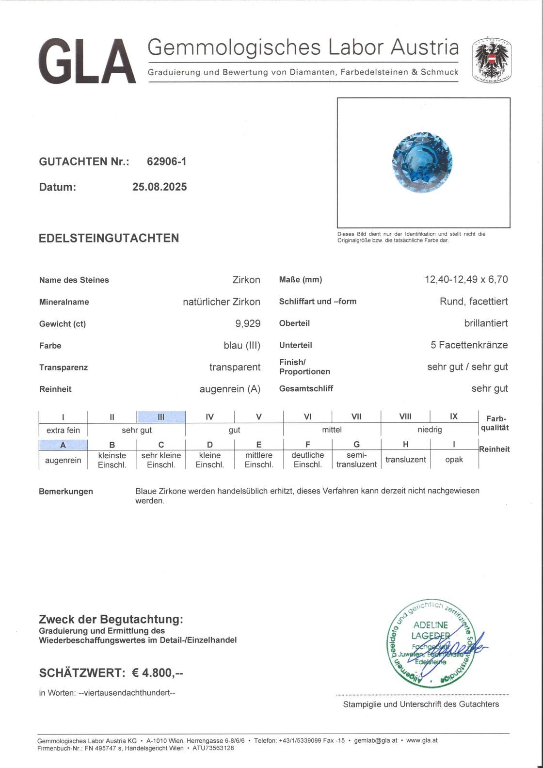 Gutachten zu Zirkon rund blau 9,92 ct.