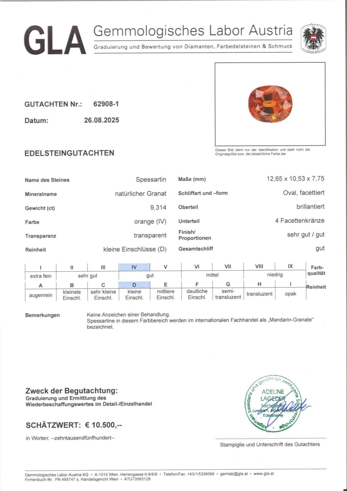 Gutachten zu Mandarin-Granat oval orange 9,31 ct.