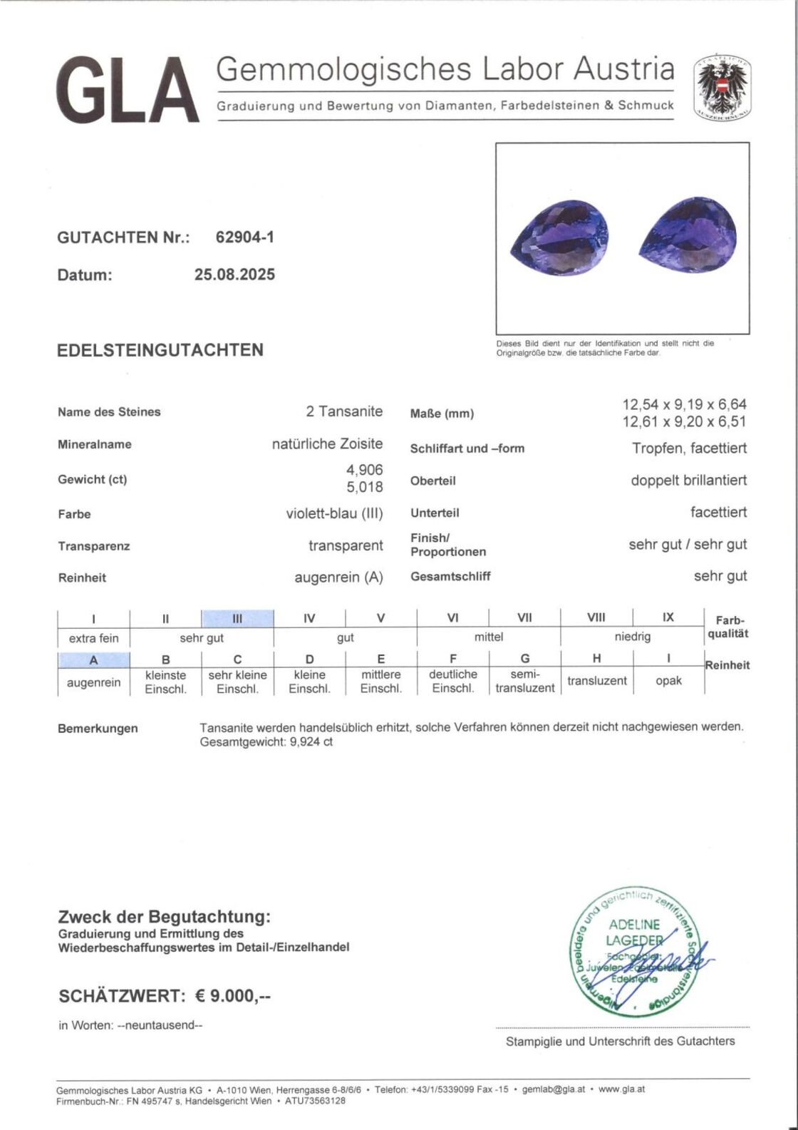 Gutachten zu Tansanit Duo Tropfen intensives Blau 9,92 ct.