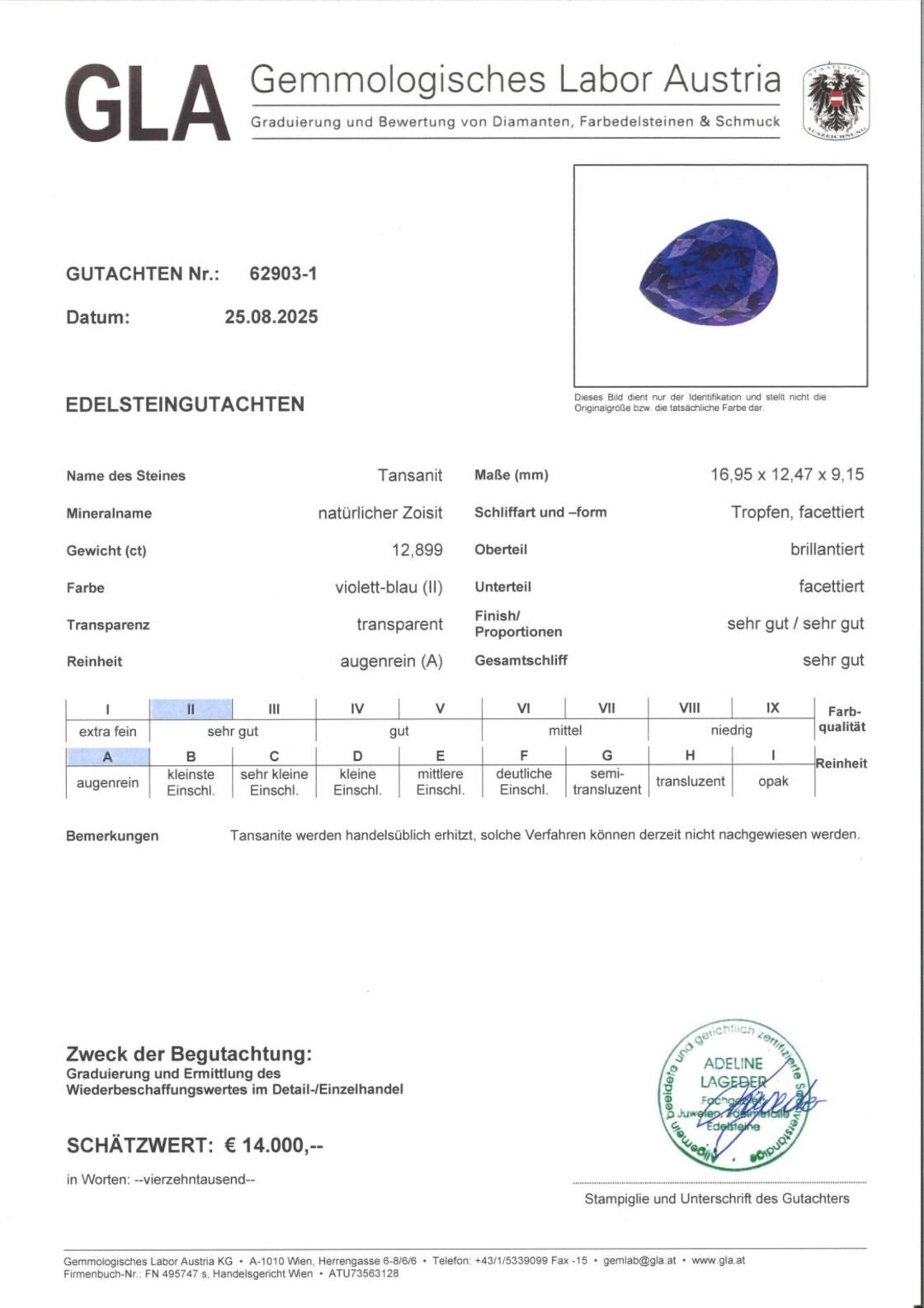 Gutachten zu Tanzanite pear intense blue 12.89 ct.