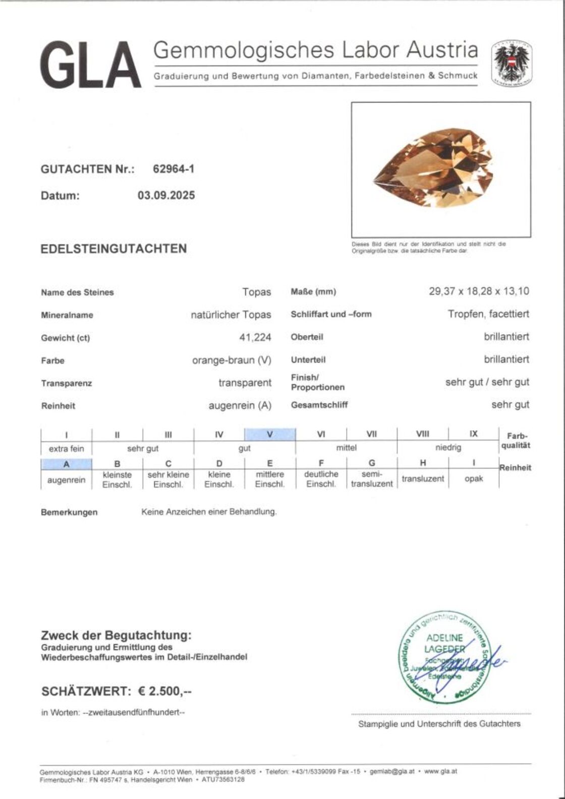 Gutachten zu Topas Tropfen orangebraun 41,22 ct.