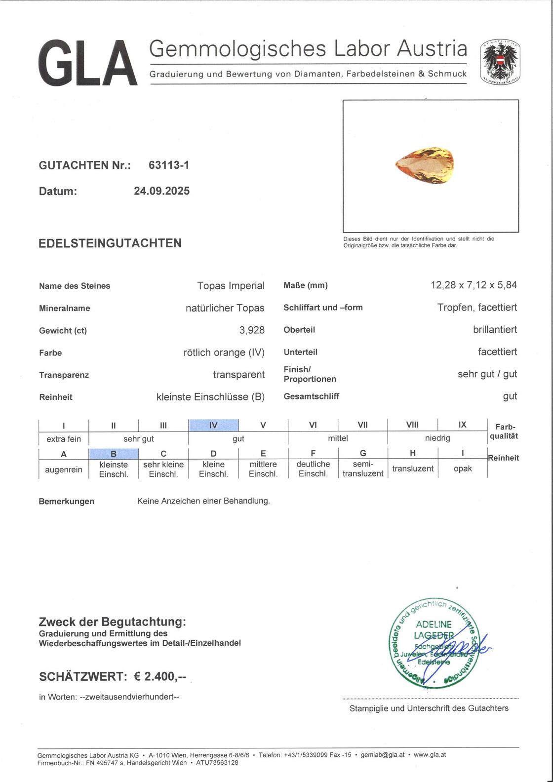 Gutachten zu Imperial Topas Tropfen orange 3,92 ct