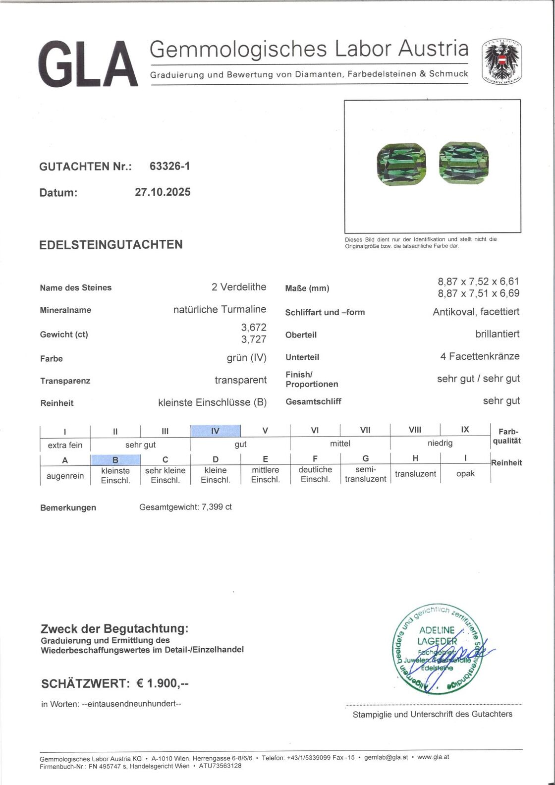 Gutachten zu Green Tourmaline Pair Tourmalines cushion green 7.39 ct.