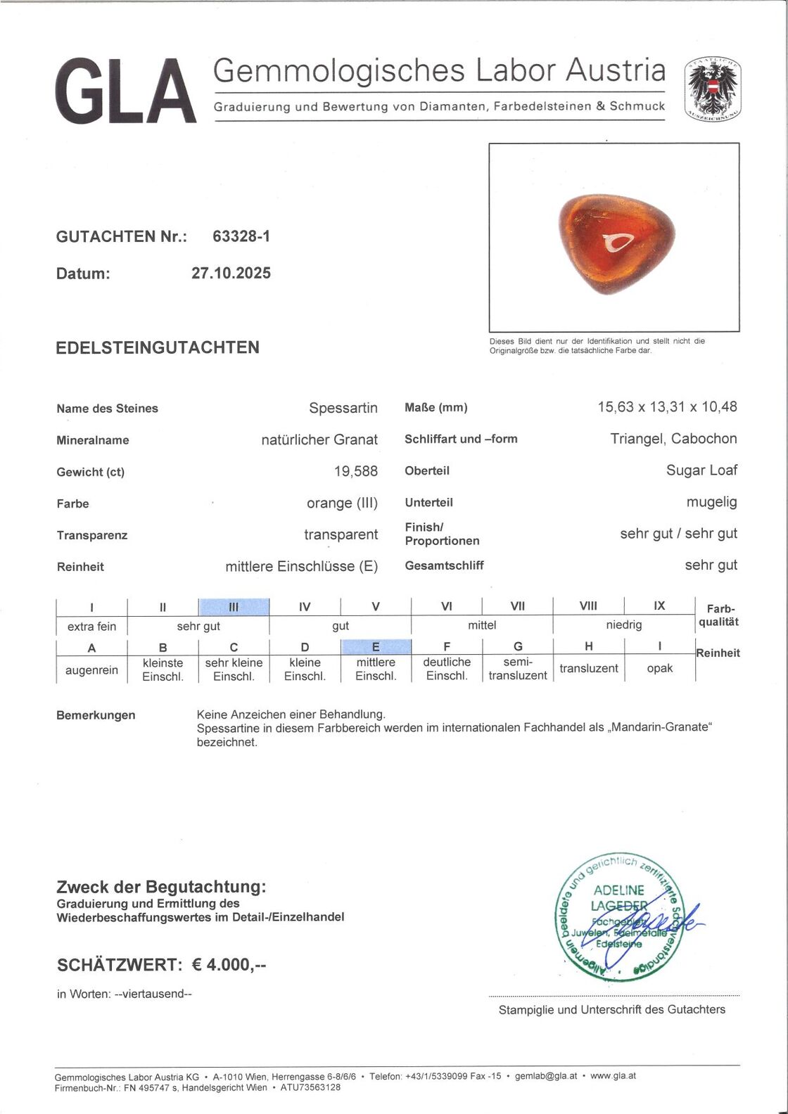 Gutachten zu Mandarin-Granat trillion cabochon orange 19.58 ct.