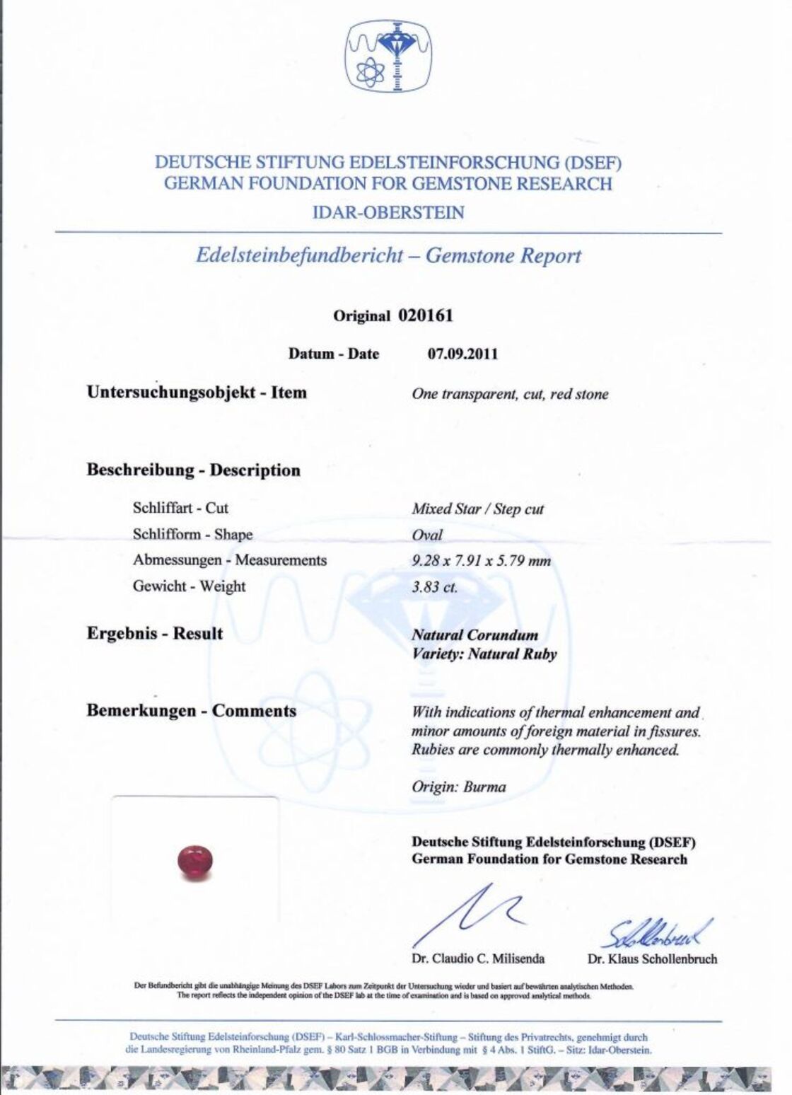 Gutachten zu Burma Ruby oval intense pinkish red 3.83 ct.