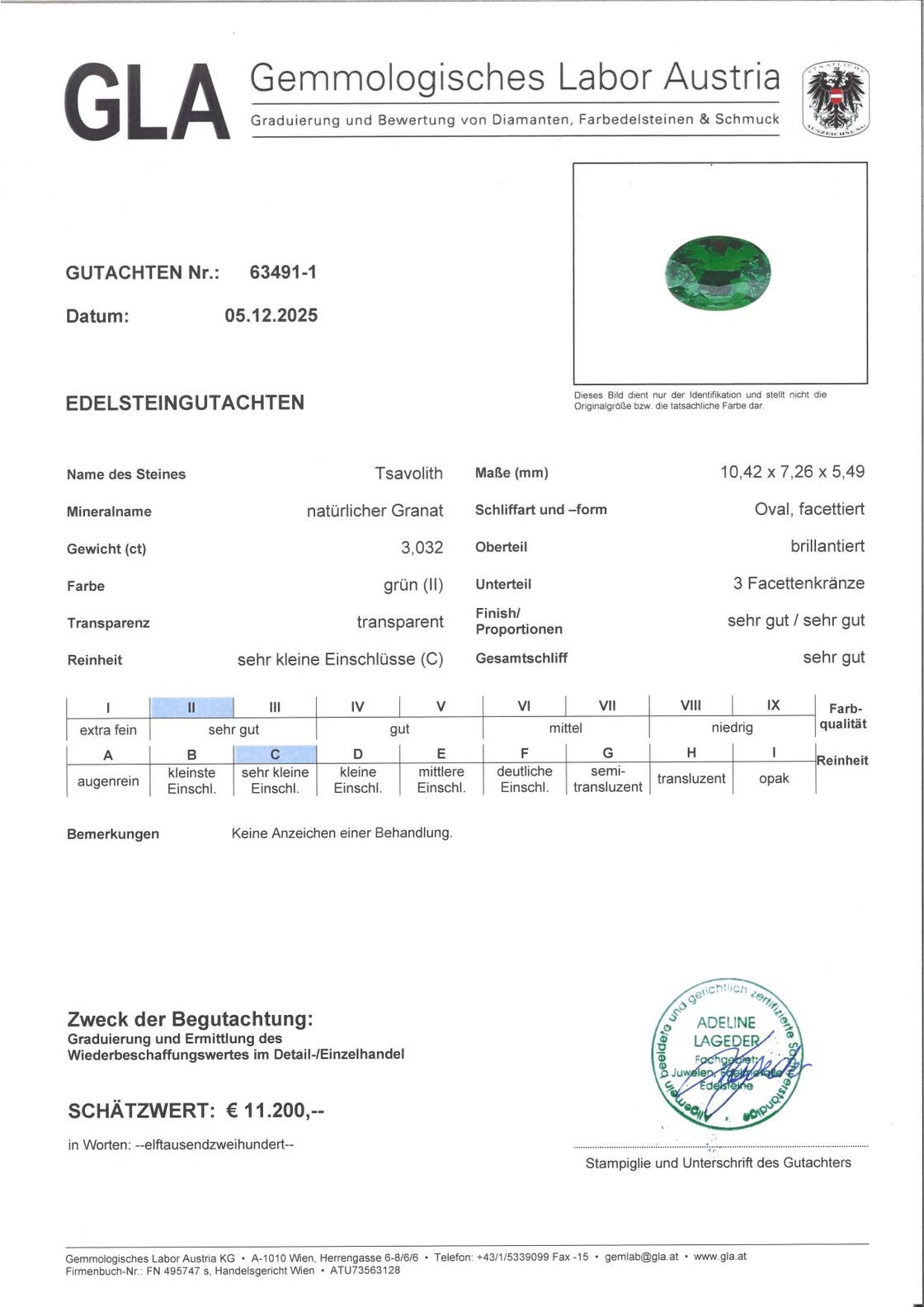 Gutachten zu Tsavorite Garnet oval intense green 3.03 ct.