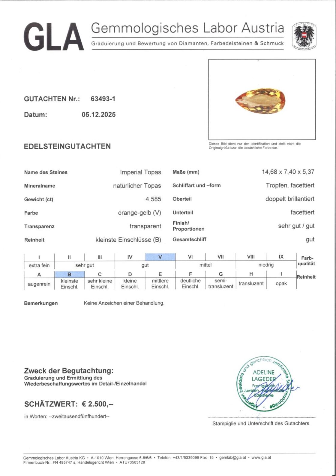 Gutachten zu imperial Topaz pear orange yellow 4.58 ct.