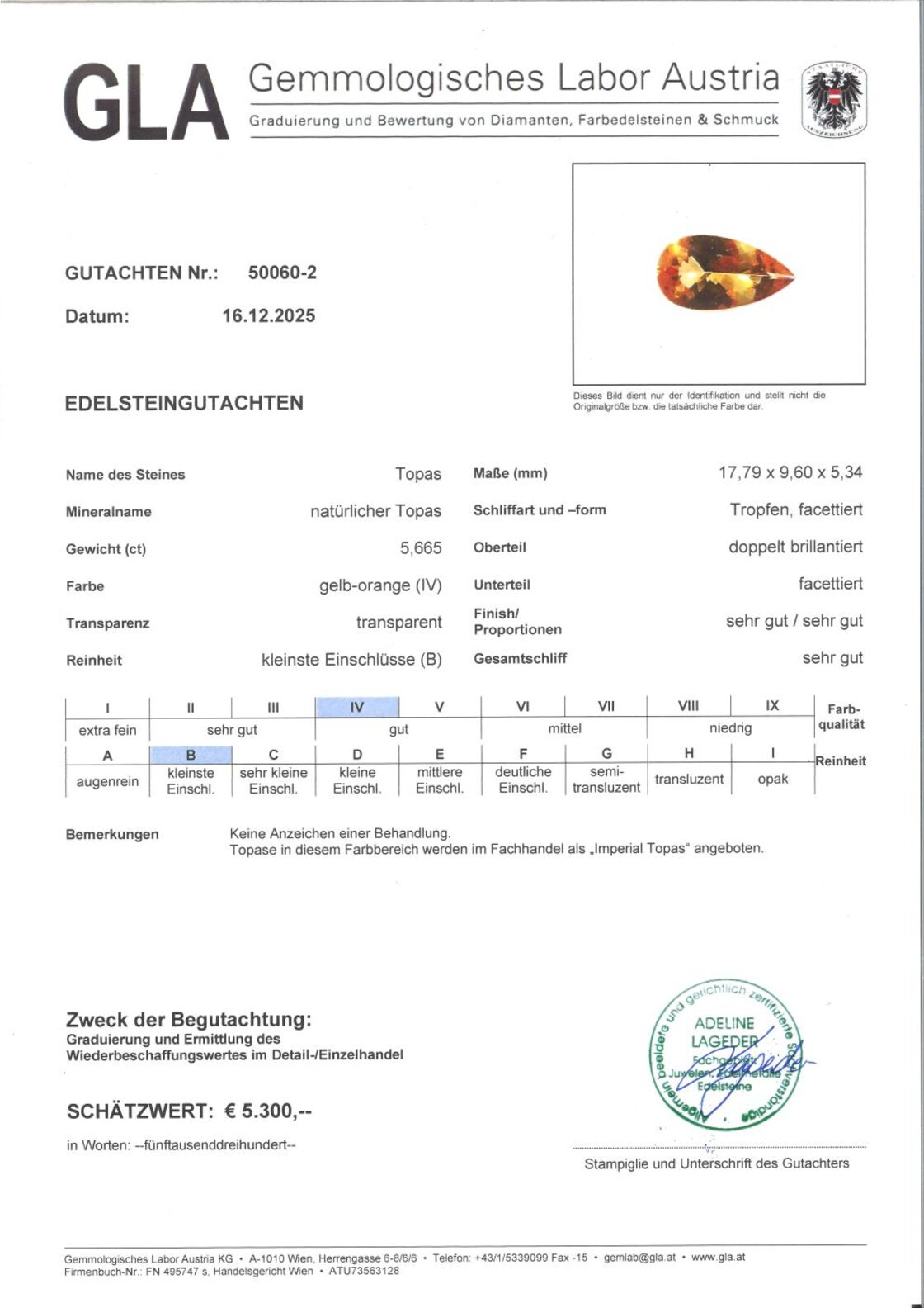 Gutachten zu Imperial-Topas Tropfen gelborange 5,66 ct