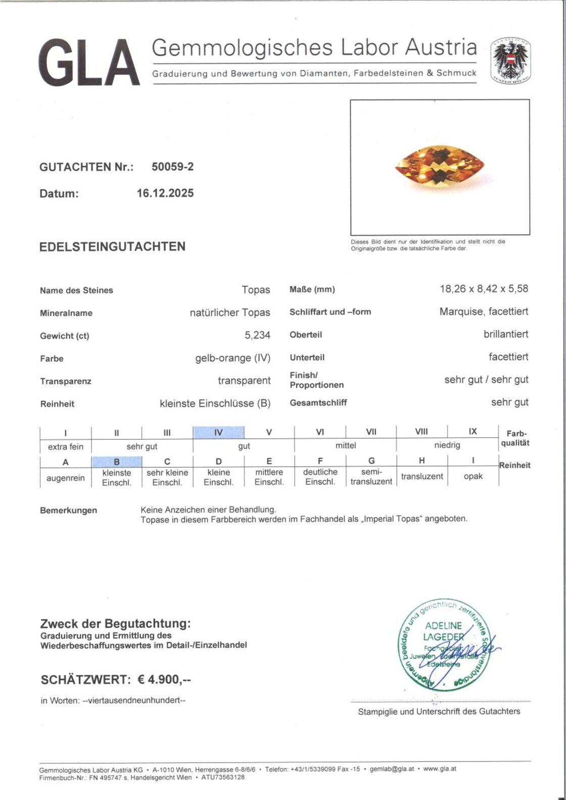 Gutachten zu Imperial-Topas Navette gelborange 5,23 ct