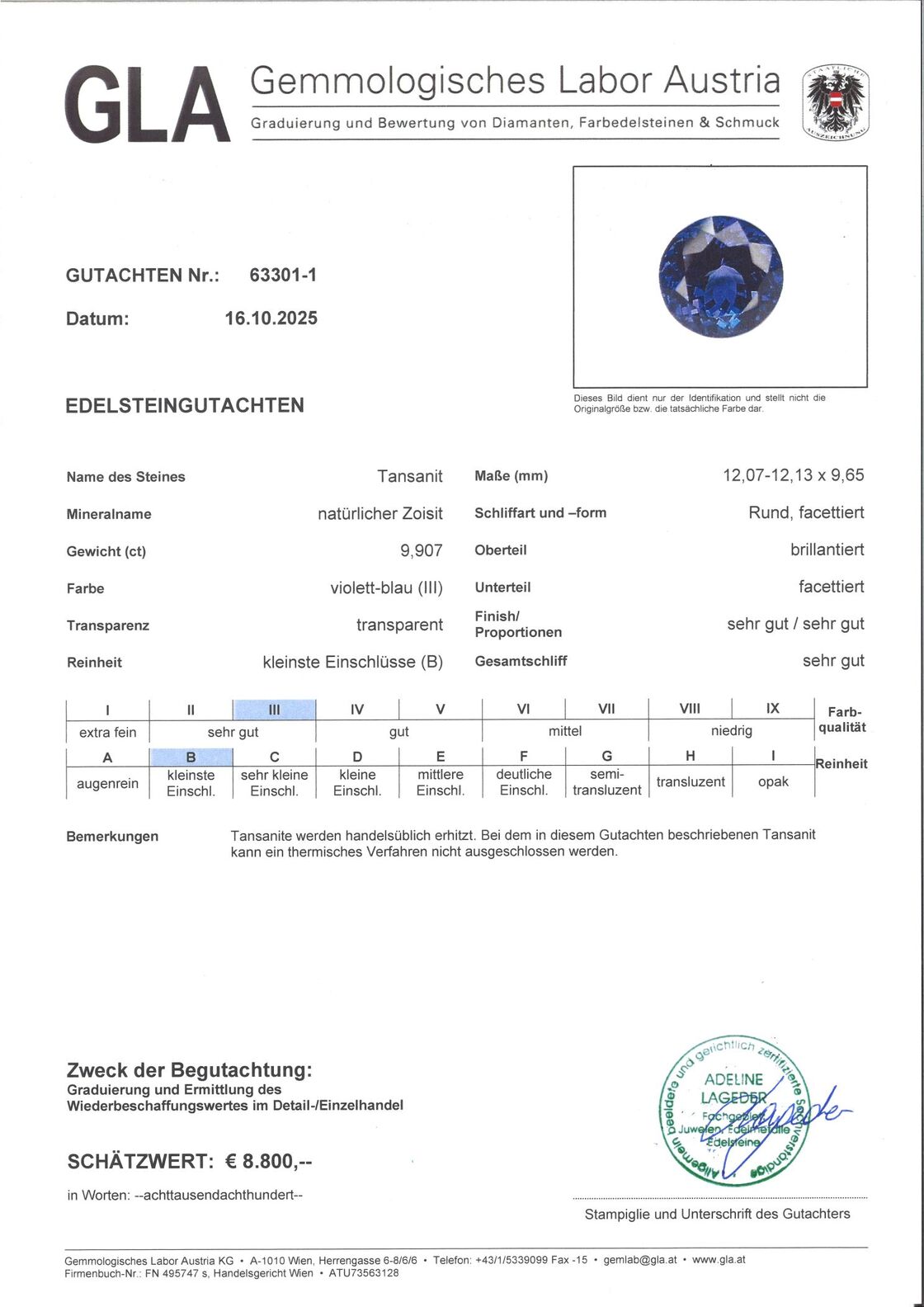 Gutachten zu Tanzanite round brilliant intense blue 9.90 ct.