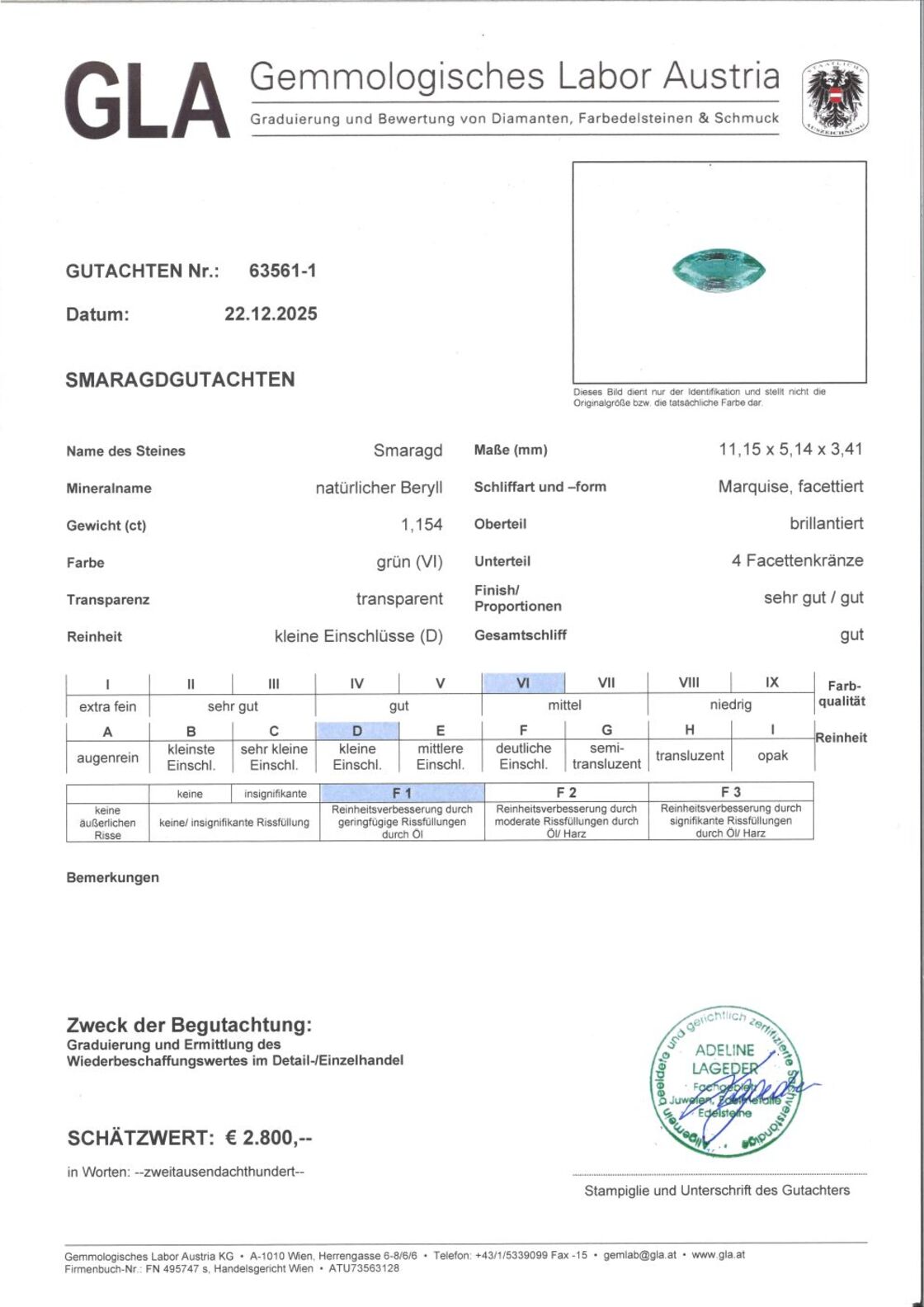 Gutachten zu Smaragd navette grün 1,16 ct