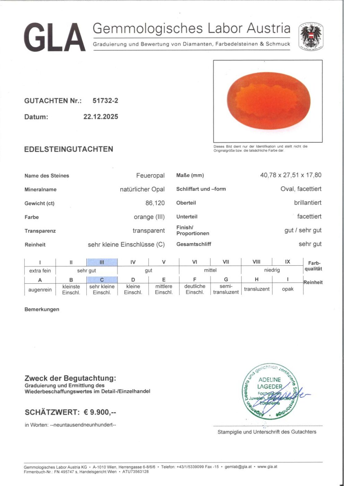 Gutachten zu Fire Opal oval orange 68.12 ct.