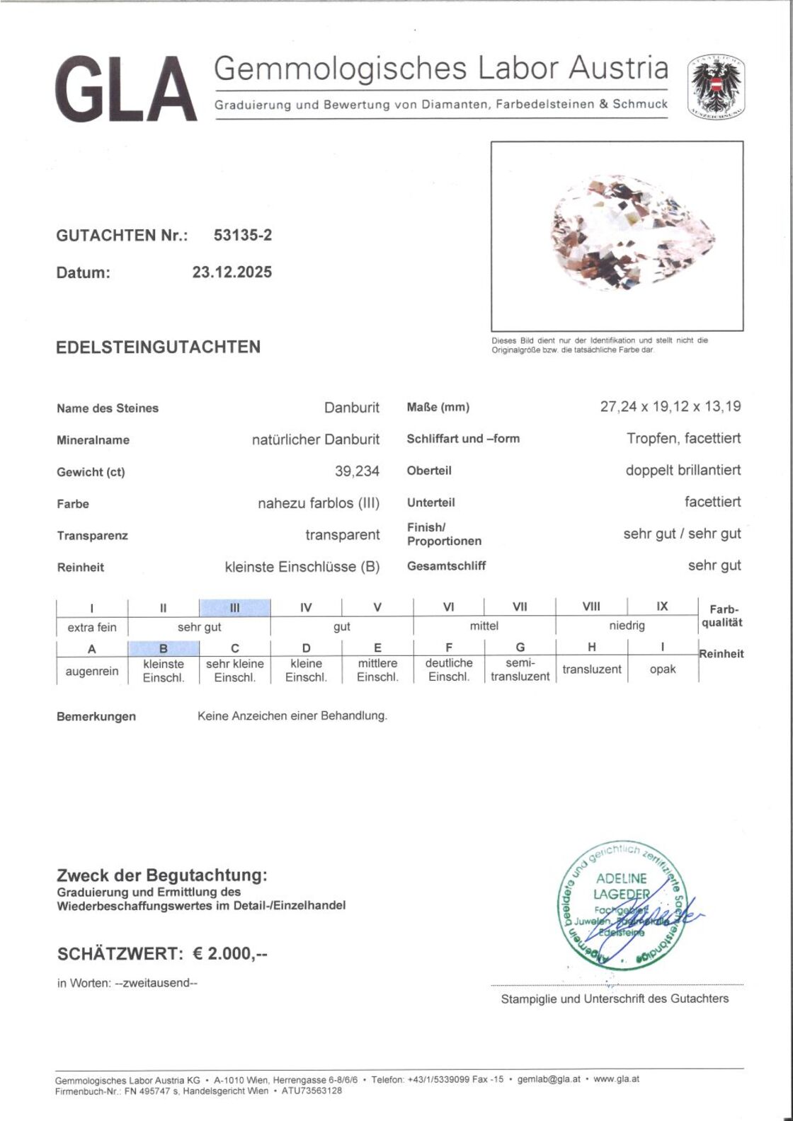 Gutachten zu Danburite pear colorless 39.23 ct