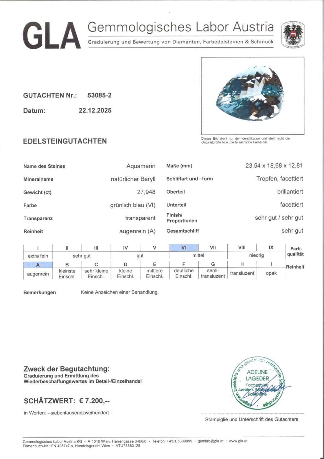 Gutachten zu Aquamarine pear light blue unheated 27.94 ct