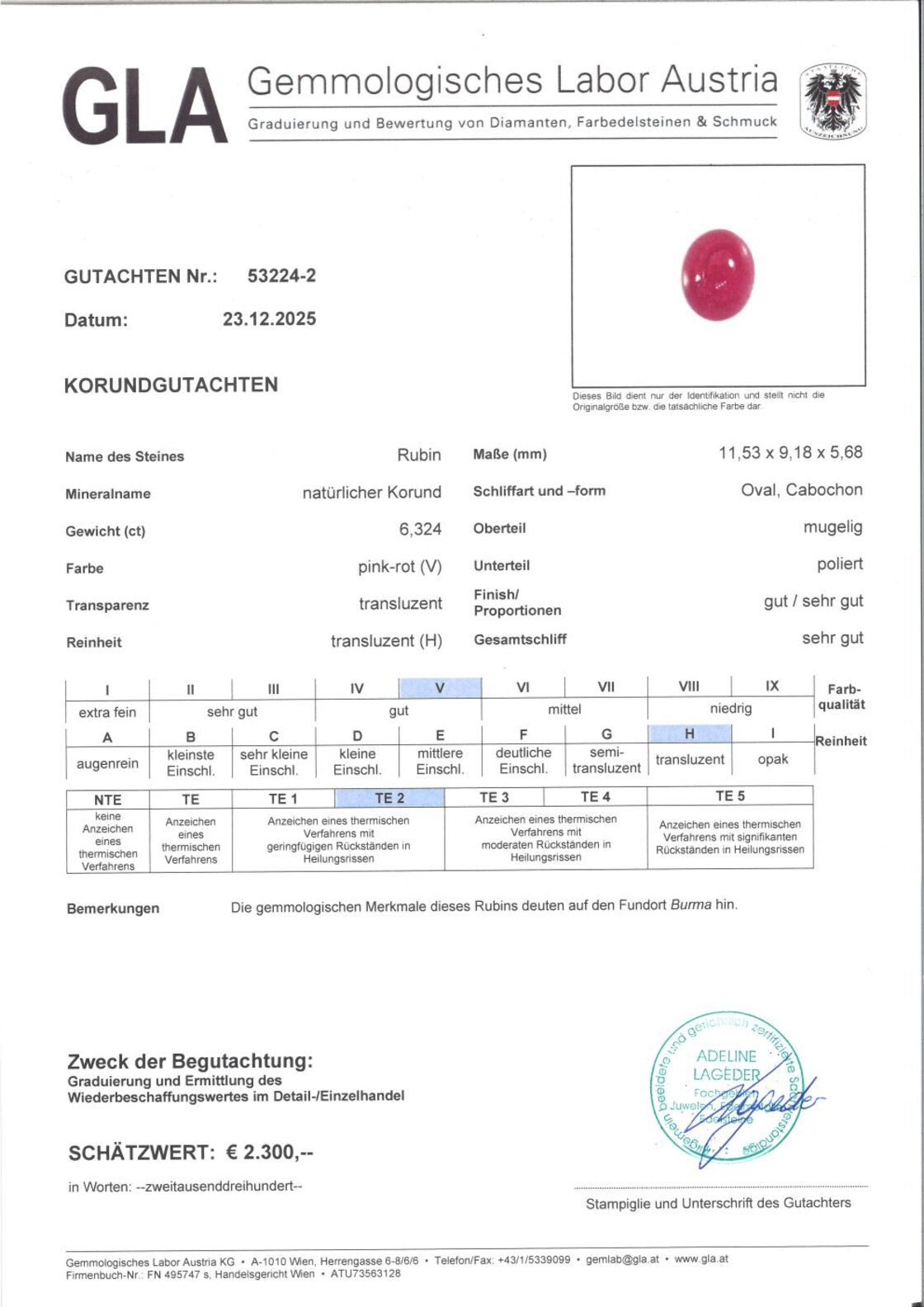 Gutachten zu Burma Rubin Cabochon oval 6,32 ct.