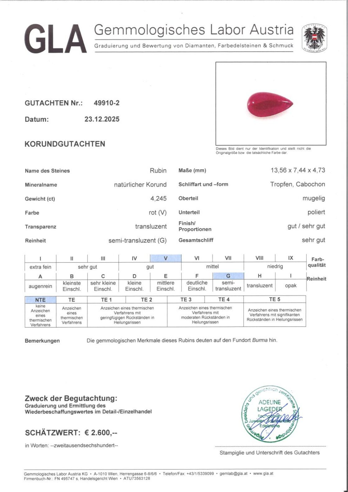 Gutachten zu Burma Rubin Cabochon Tropfen rot unbehandel 4,24 ct.