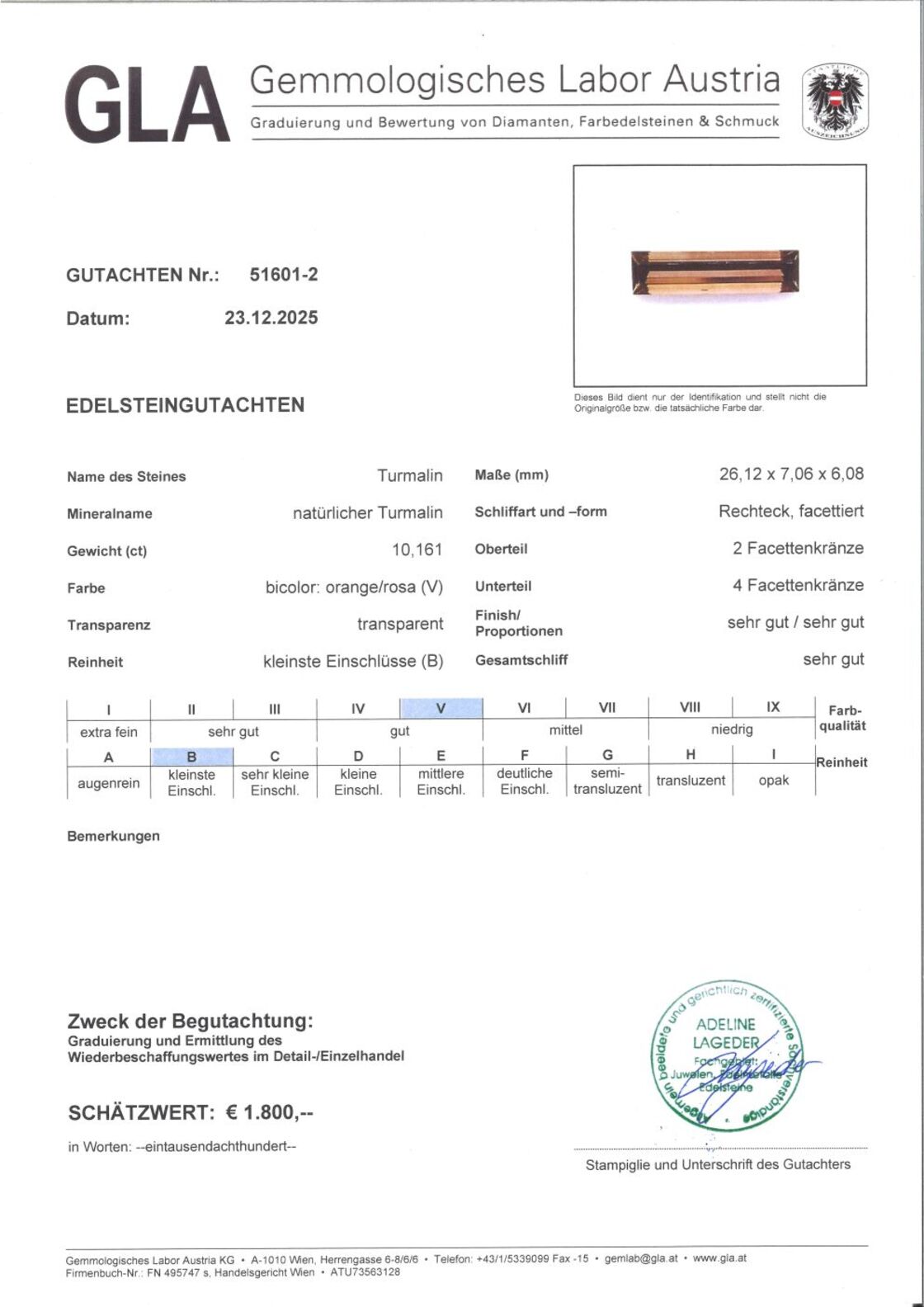 Gutachten zu Tourmaline Baguette bräunlich-rosa 10.16 ct