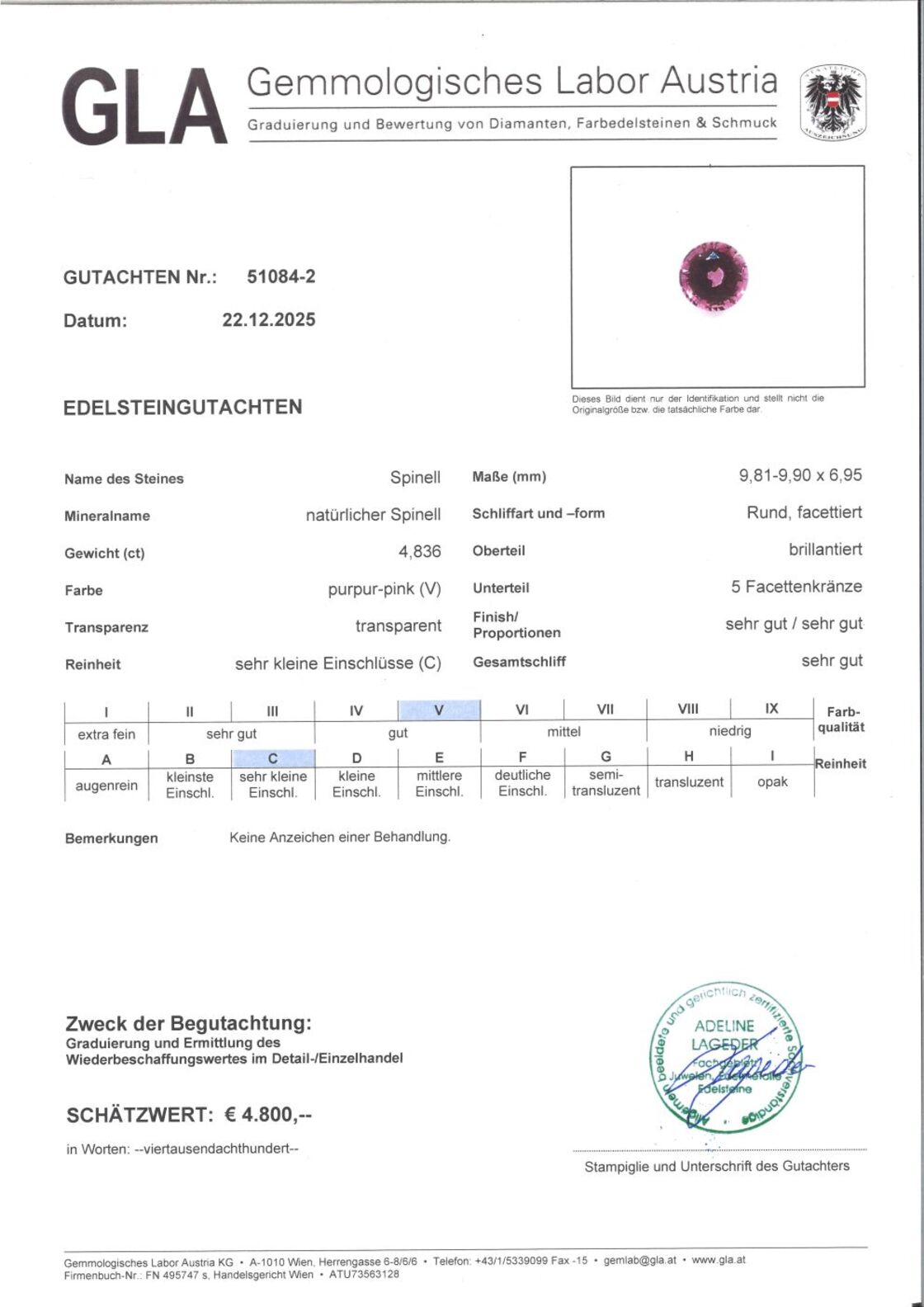 Gutachten zu Spinell rund pink-purpur unbehandelt 4,83 ct