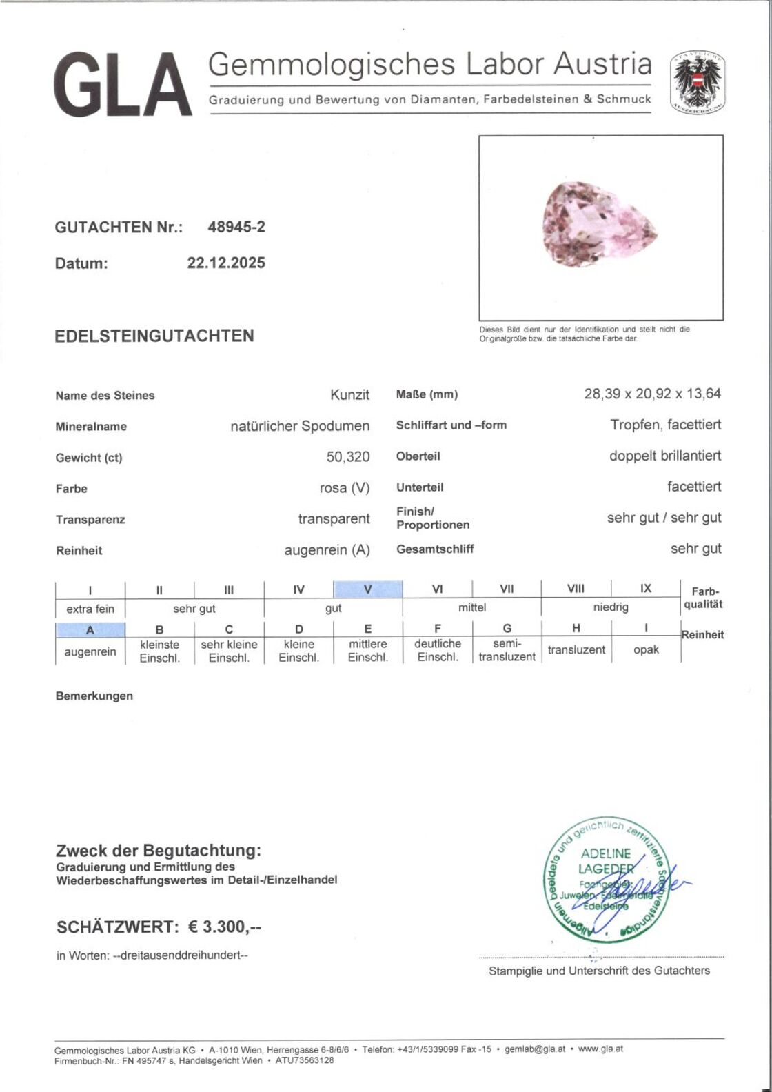 Gutachten zu Kunzite pear 50.32 ct