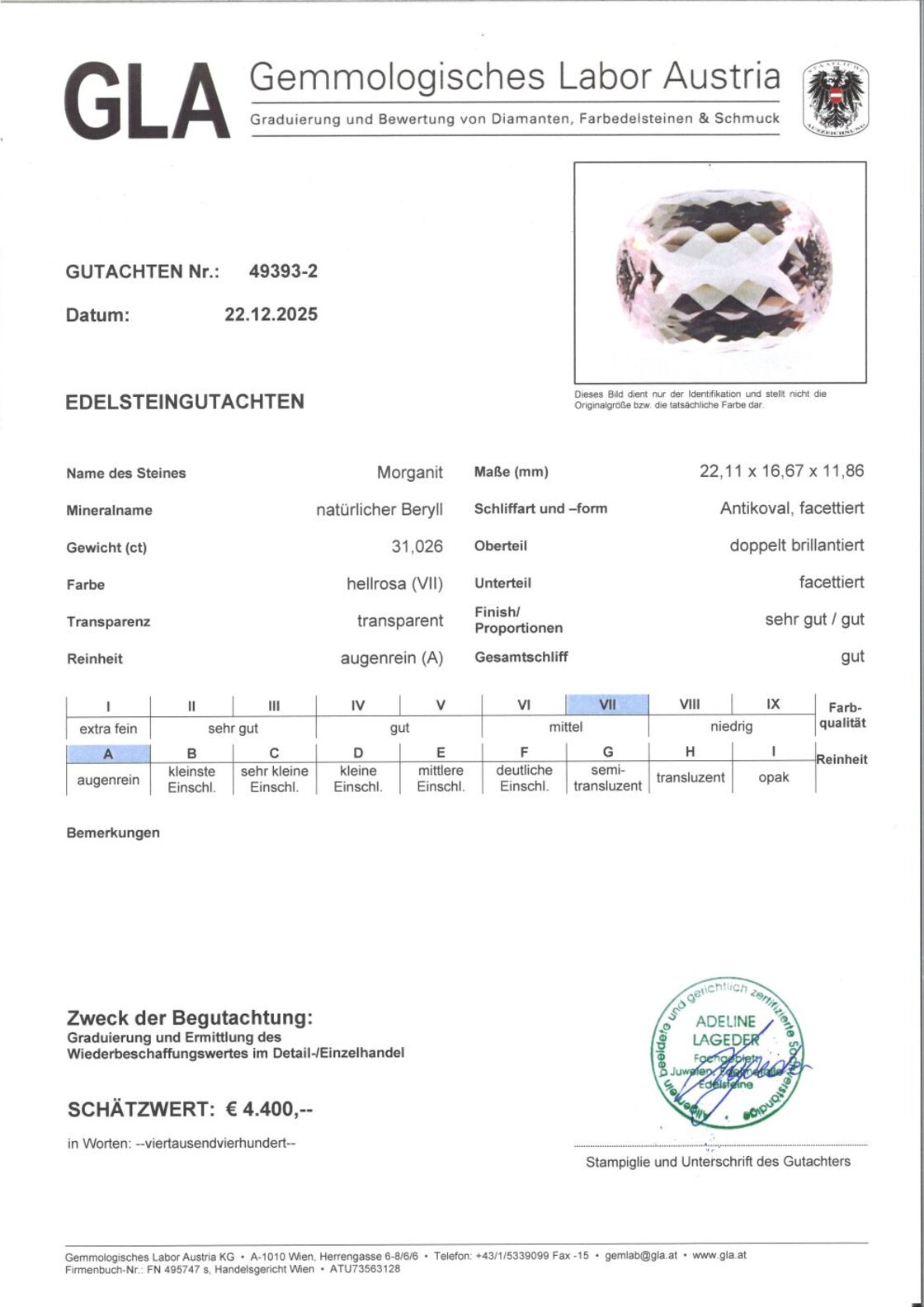 Gutachten zu Morganite cushion light pink 31.02 ct