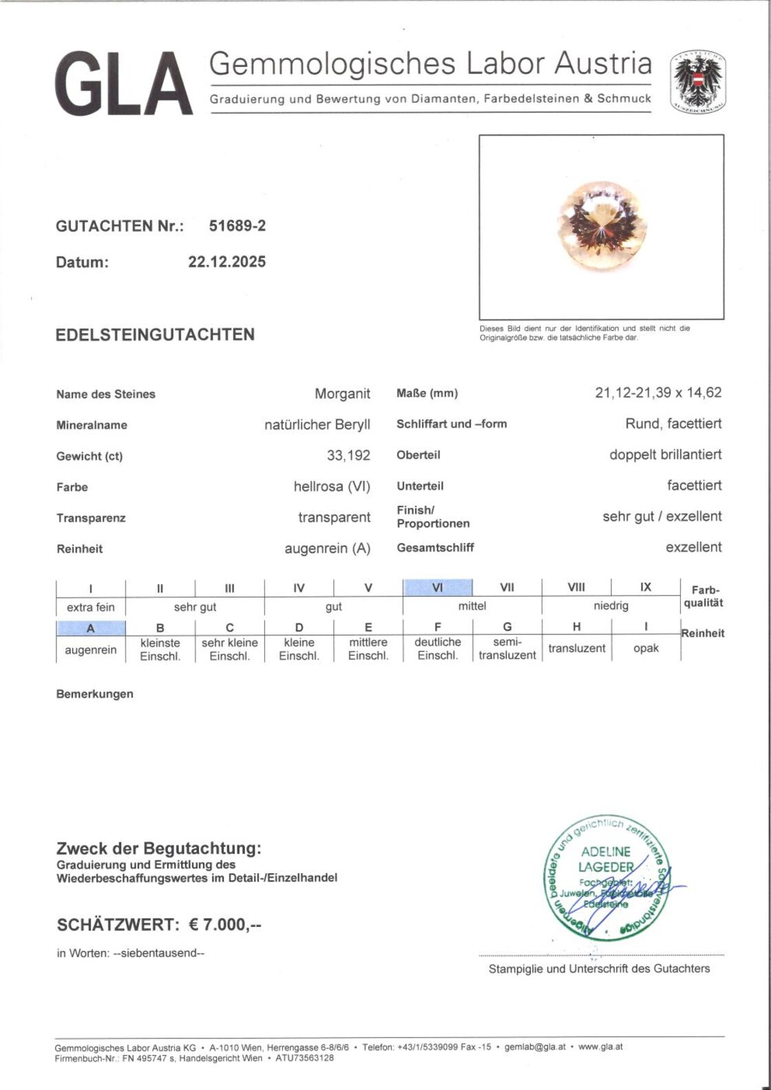 Gutachten zu Morganite Beryll round light pink 33.19 ct