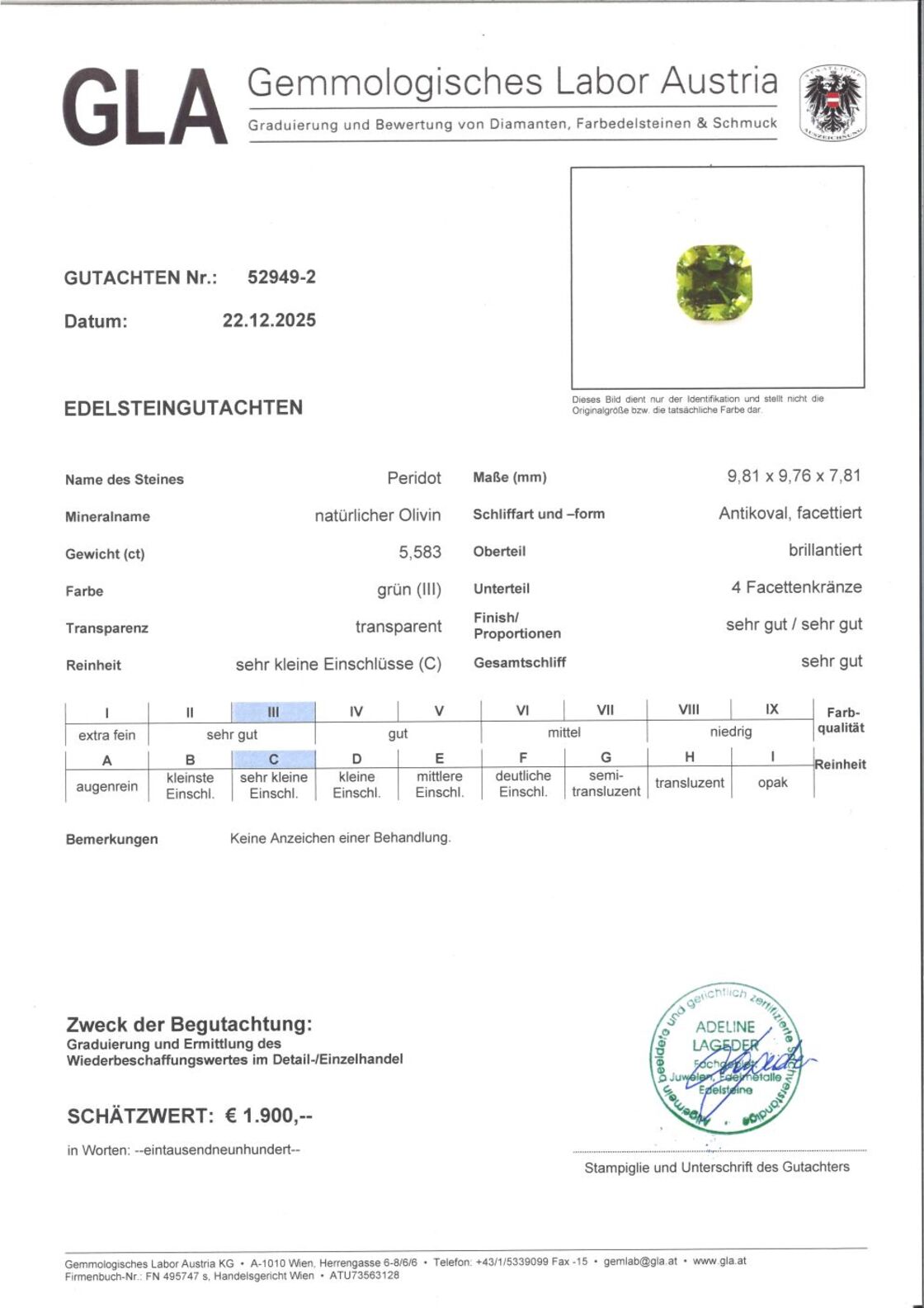 Gutachten zu Peridot octagon green 5.58 ct