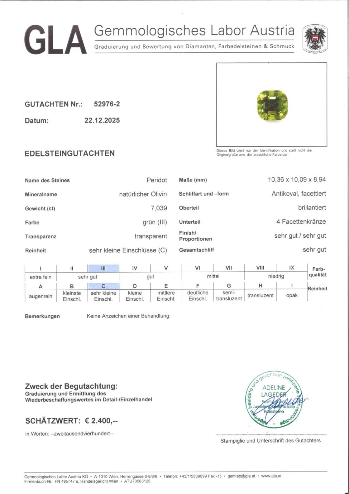 Gutachten zu Peridot cushion intense green 7.03 ct.