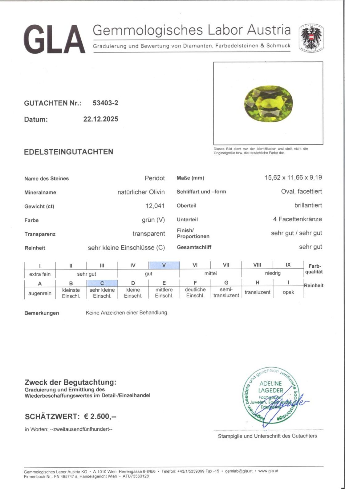Gutachten zu Peridot oval grün 12,04 ct