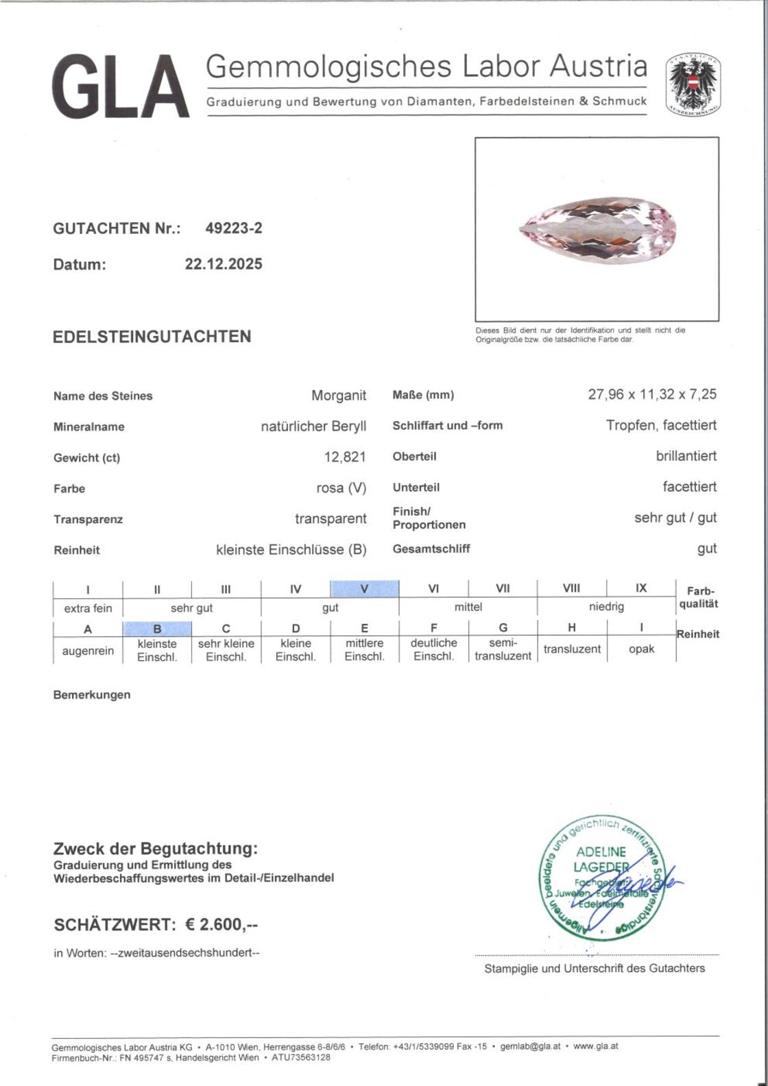 Gutachten zu Morganite pear 12.82 ct