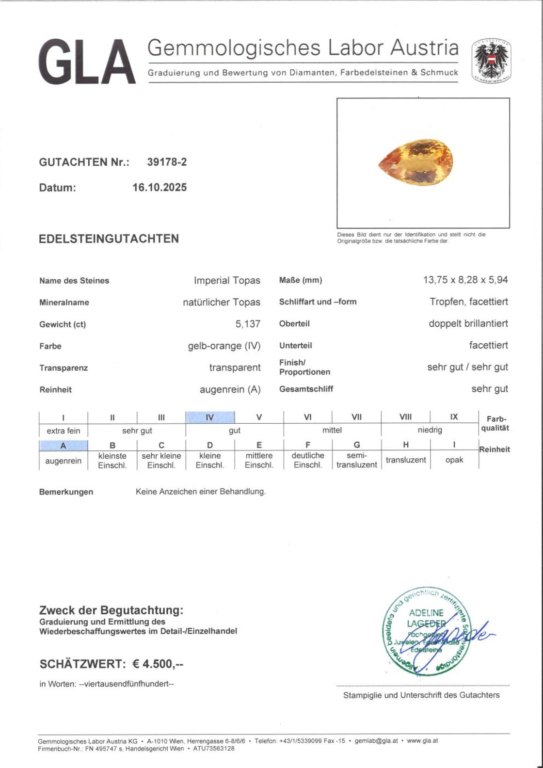 Gutachten zu imperial Topaz pear yellow orange untreated 5.13 ct.